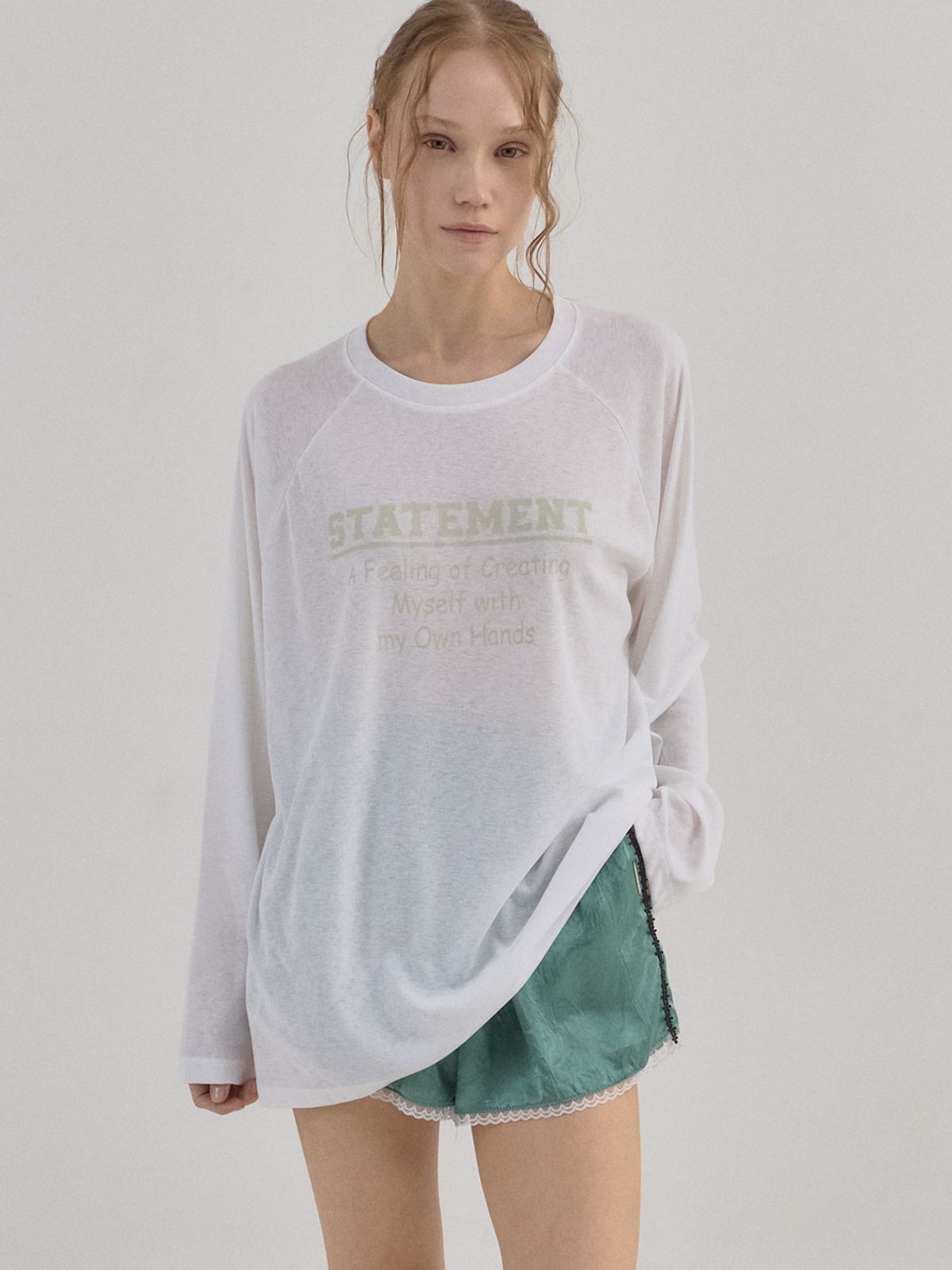 쏘리, 투 머치 러브(SORRY, TOO MUCH LOVE) Pale Mood Sheer Raglan Top_White