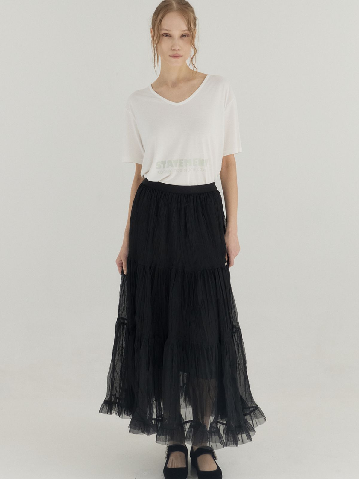 쏘리, 투 머치 러브(SORRY, TOO MUCH LOVE) Tiered Tulle Maxi Skirt_Black