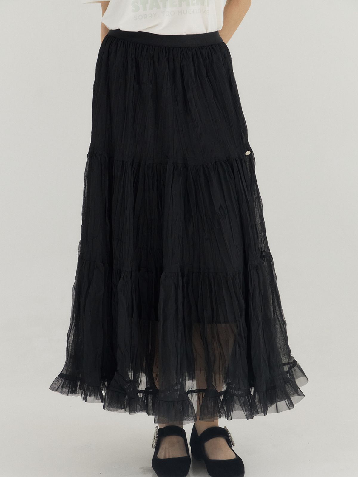 쏘리, 투 머치 러브(SORRY, TOO MUCH LOVE) Tiered Tulle Maxi Skirt_Black