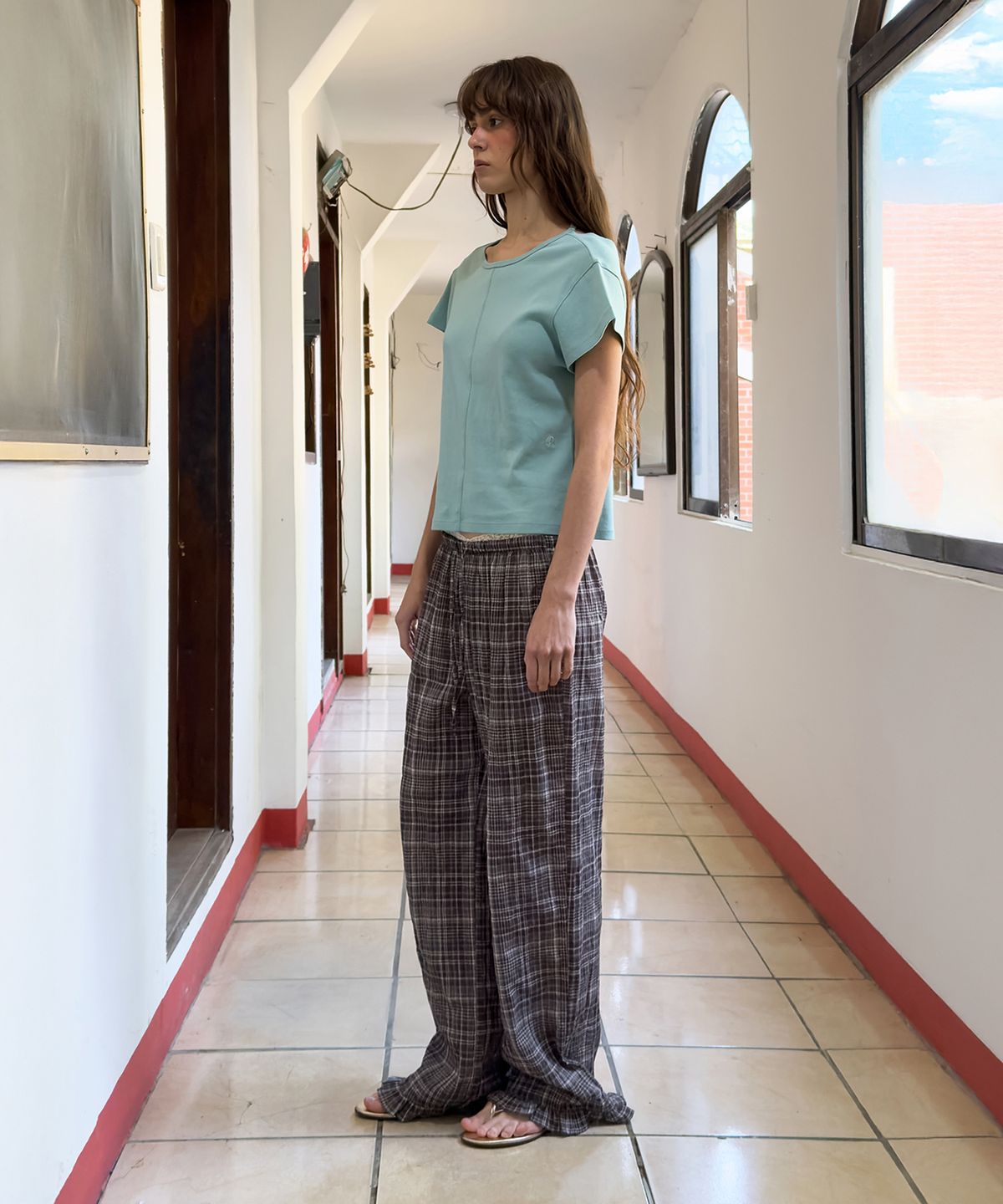 다이애그널(DIAGONAL) CHECK FRILL PANTS (brown)