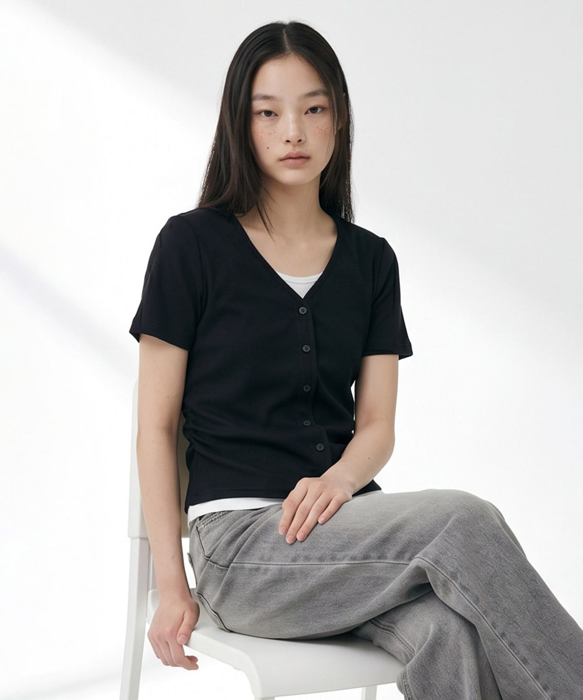 체이스컬트(CHASECULT) 여성 브이넥 레이어드 반팔 티셔츠-FCRG5878E03