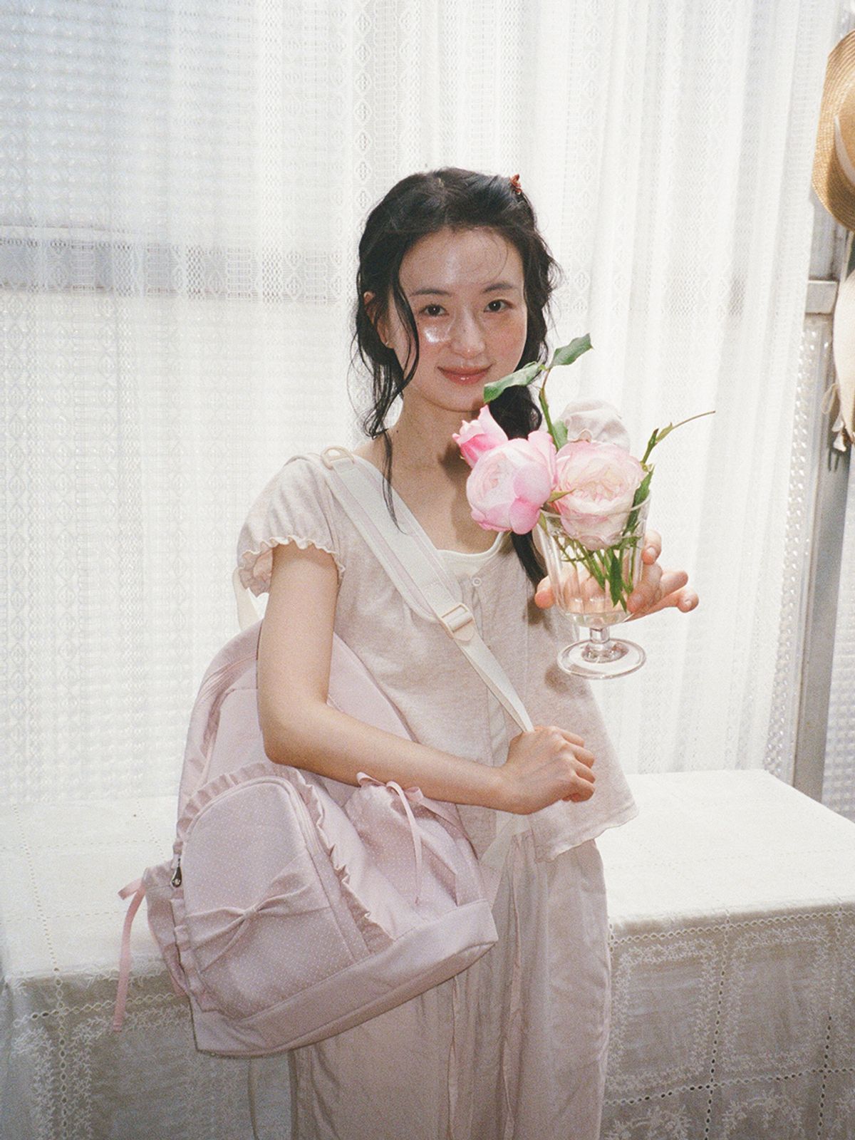 오부니(OVUNI) 러플 리본 백팩_폴카닷 뮤트 핑크