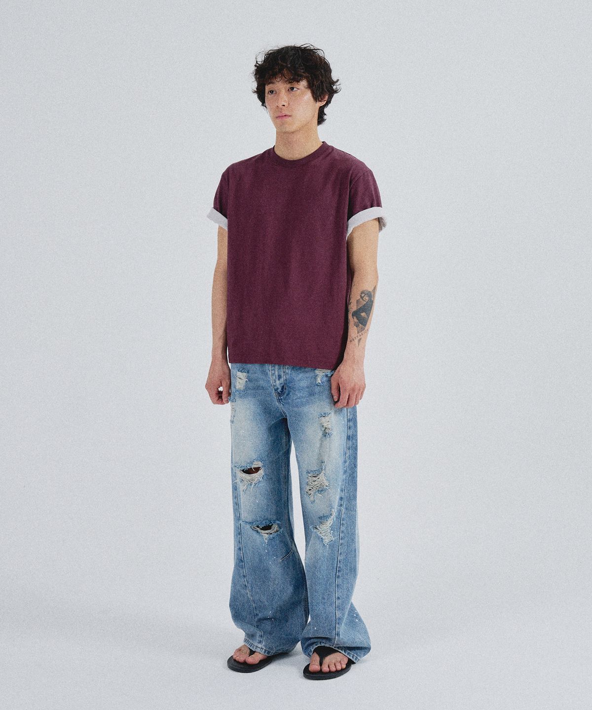 슬로우애시드(SLOWACID) SA REFINED FLIP-CUFF SEMI-CROP TEE [DARK PLUM]