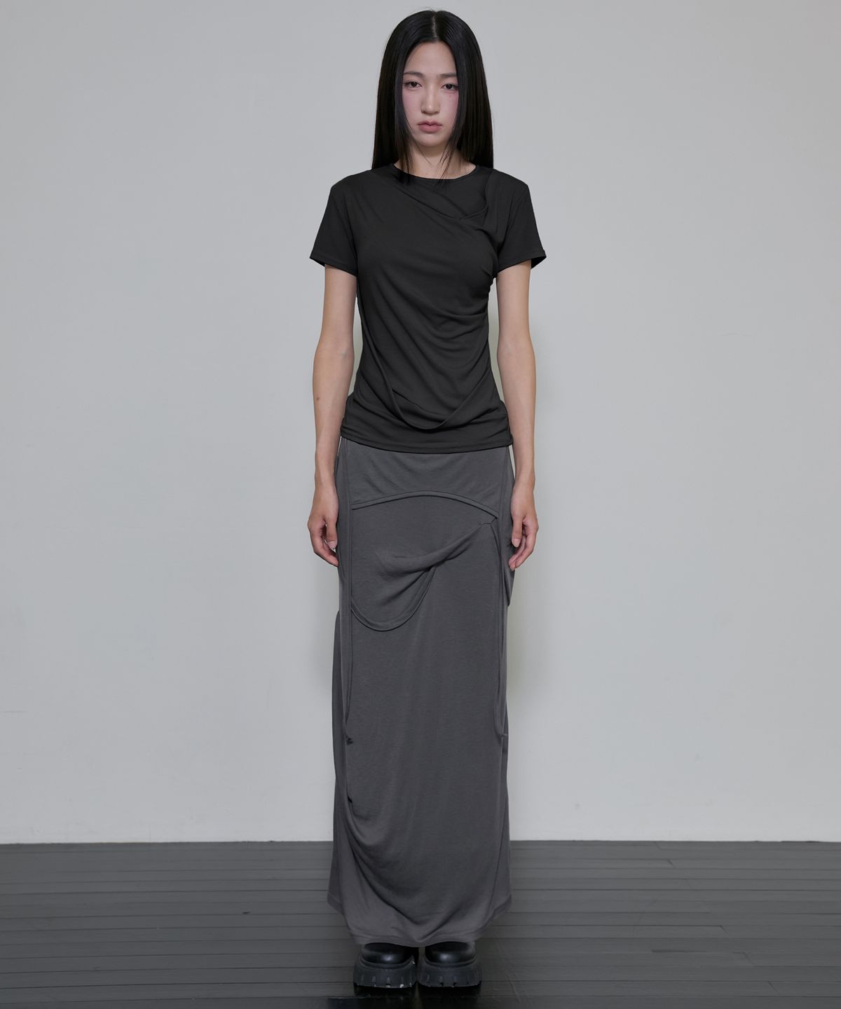 플레어업(FLAREUP) Asymmetrical Draped T-Shirt (FL-147_Black)