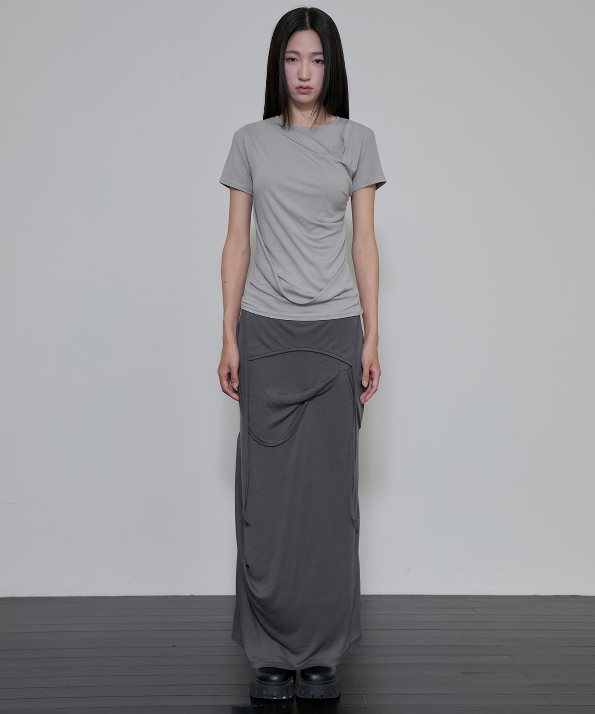플레어업(FLAREUP) Asymmetrical Draped T-Shirt (FL-147_Gray)