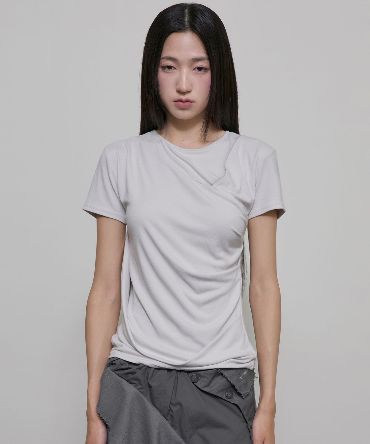 플레어업(FLAREUP) Asymmetrical Draped T-Shirt (FL-147_Cloud White)