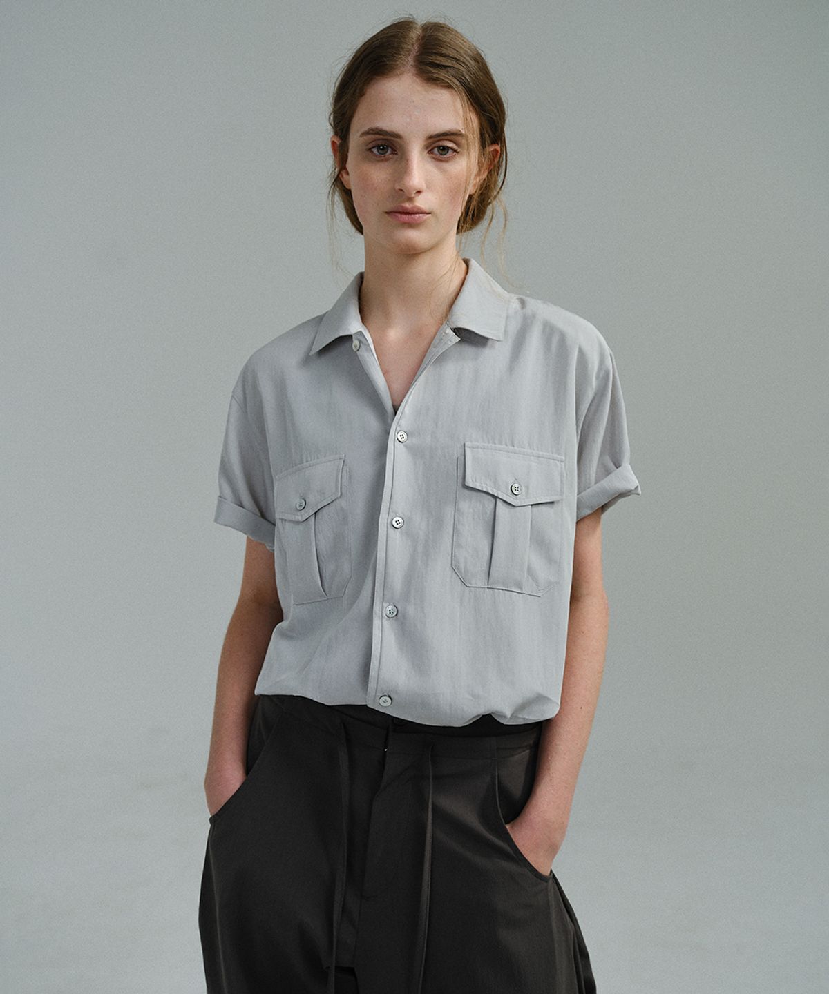 아우브아워(AUBOUR) wrinkled lapel shirts (dusty sky)