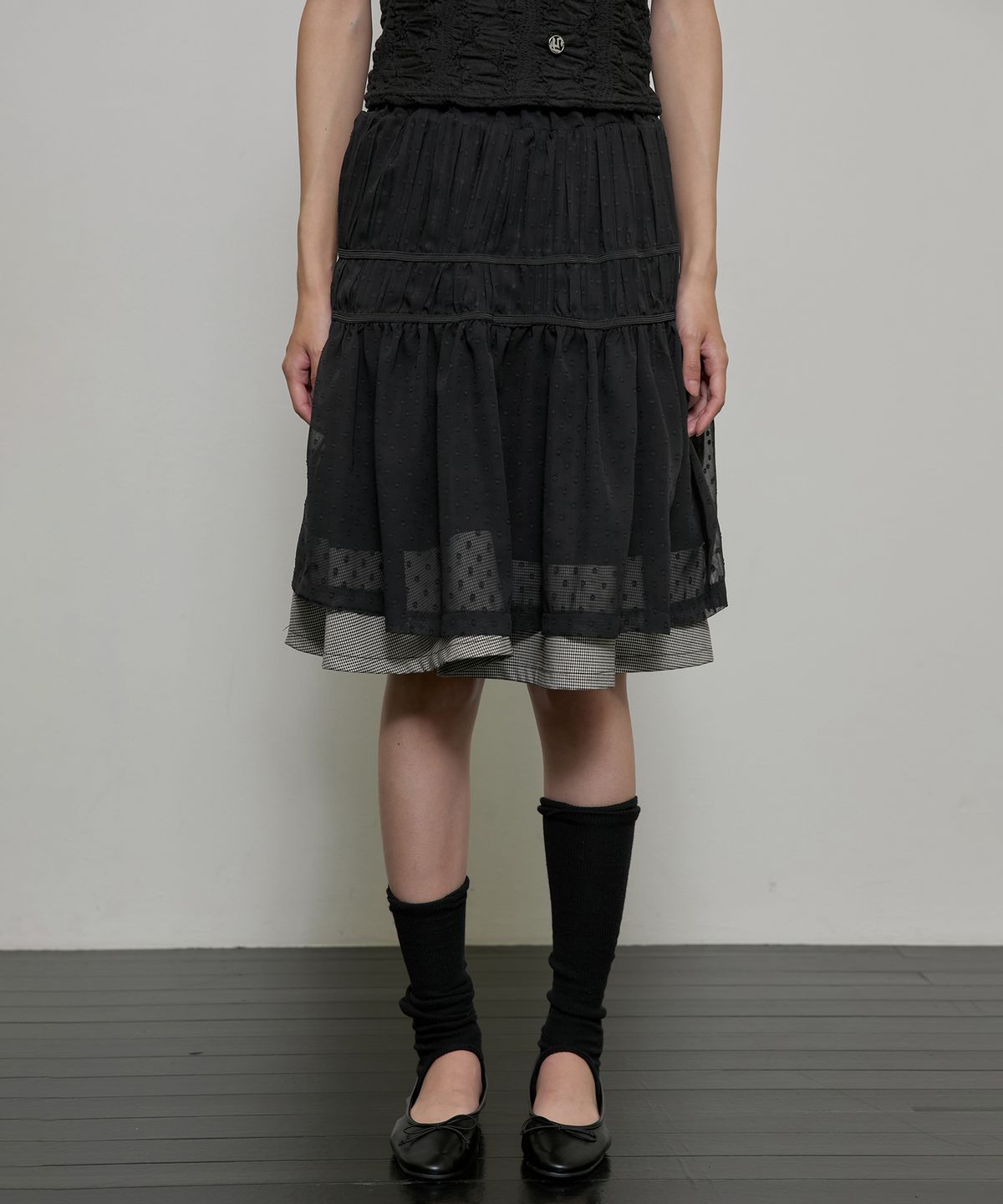 플레어업(FLAREUP) Layered Crinkle Check Skirt (FL-269_Black)