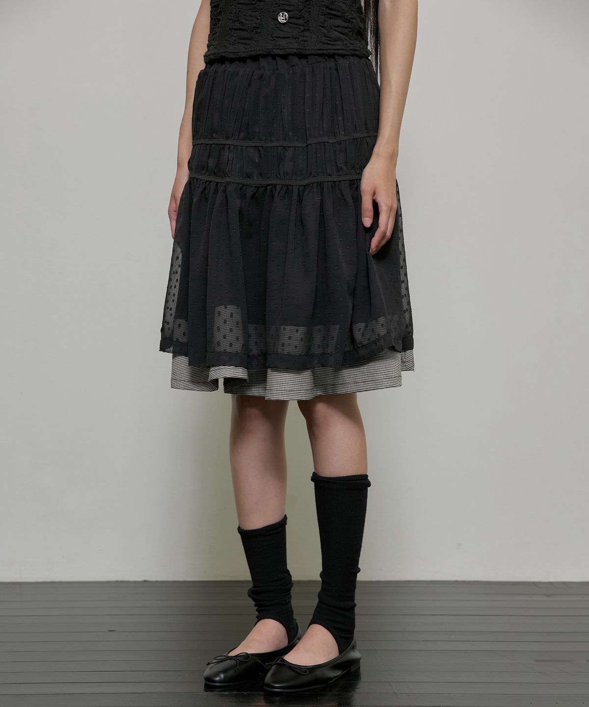 플레어업(FLAREUP) Layered Crinkle Check Skirt (FL-269_Black)