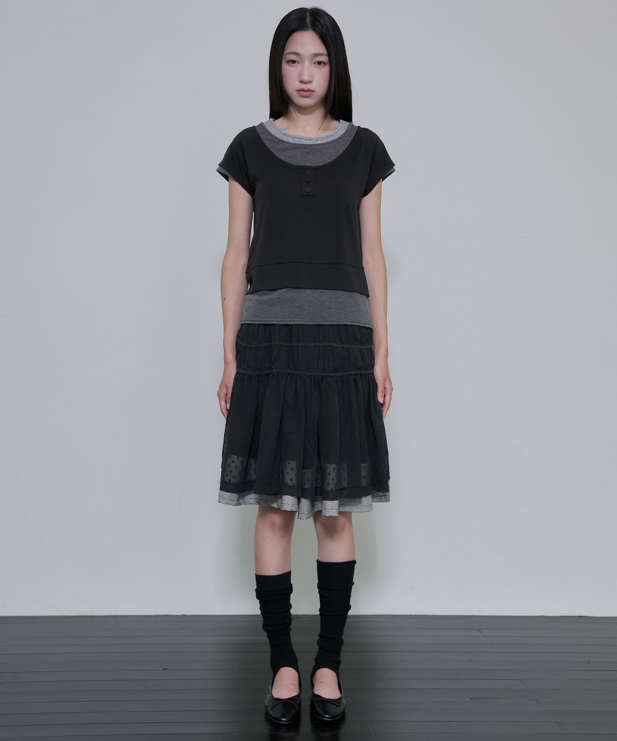 플레어업(FLAREUP) Layered Crinkle Check Skirt (FL-269_Black)