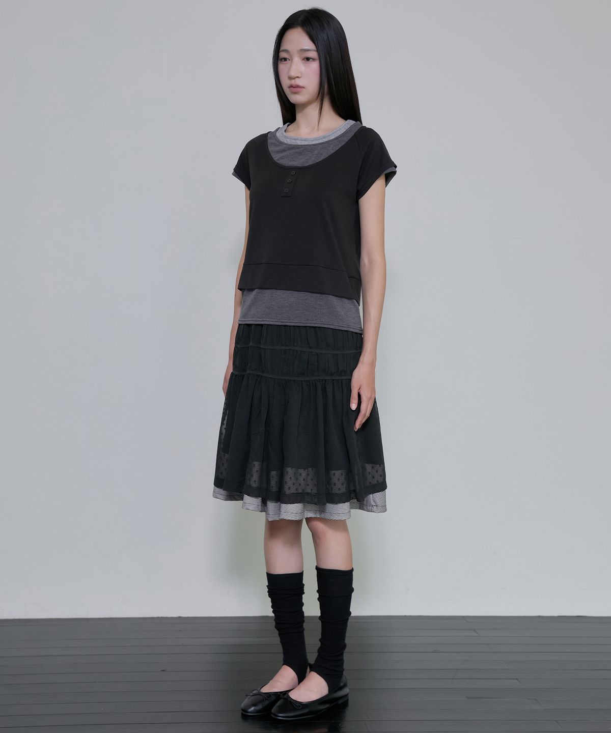 플레어업(FLAREUP) Layered Crinkle Check Skirt (FL-269_Black)