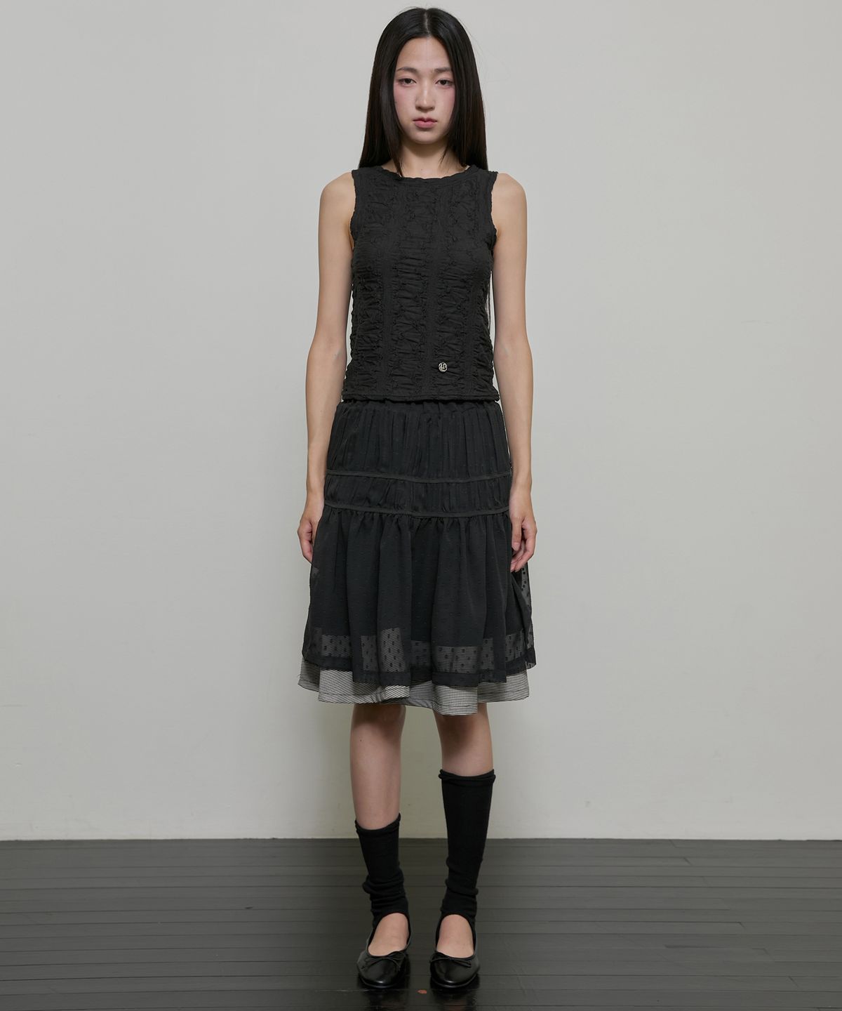 플레어업(FLAREUP) Layered Crinkle Check Skirt (FL-269_Black)