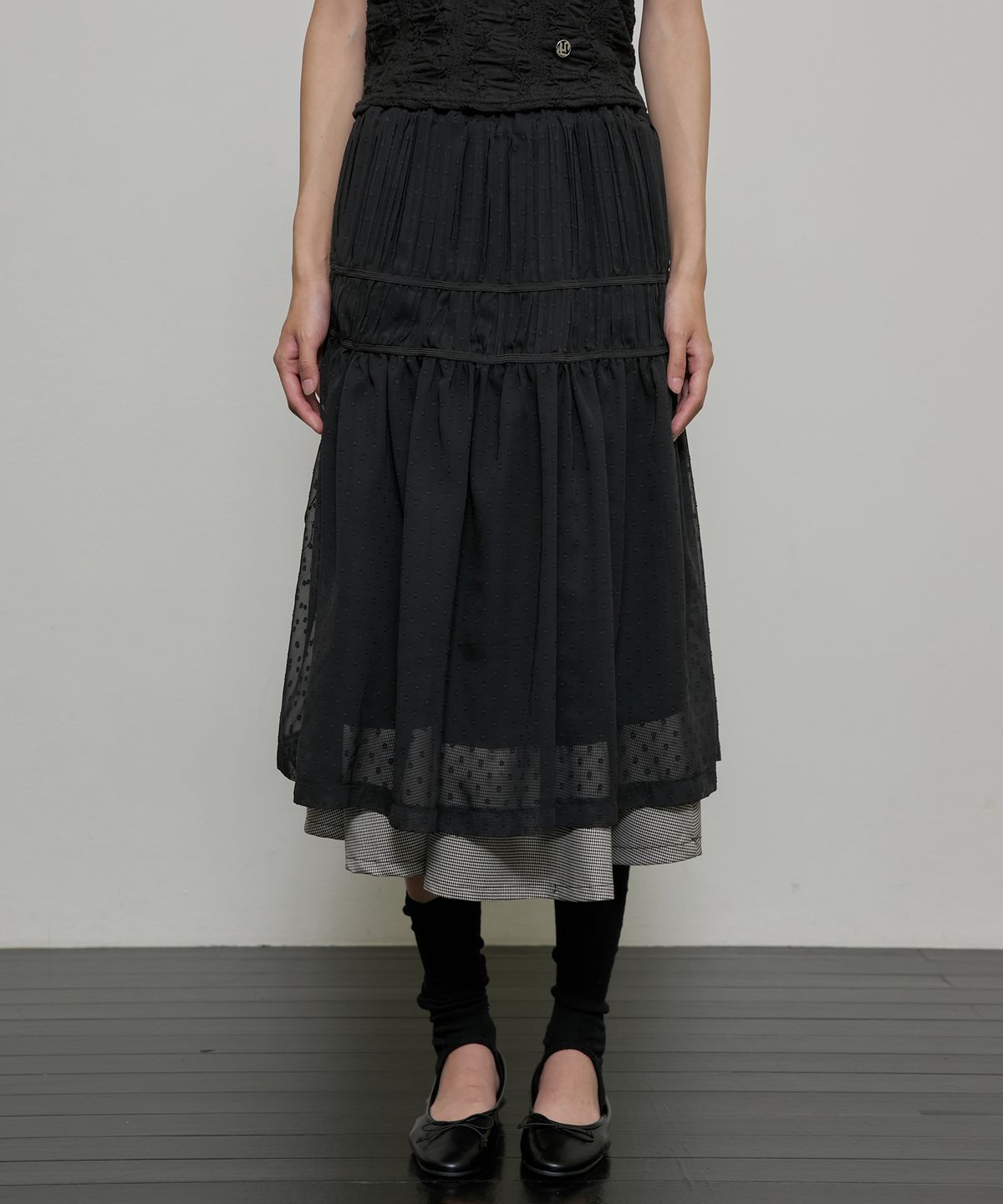 플레어업(FLAREUP) Layered Crinkle Check Skirt (FL-269_Black)
