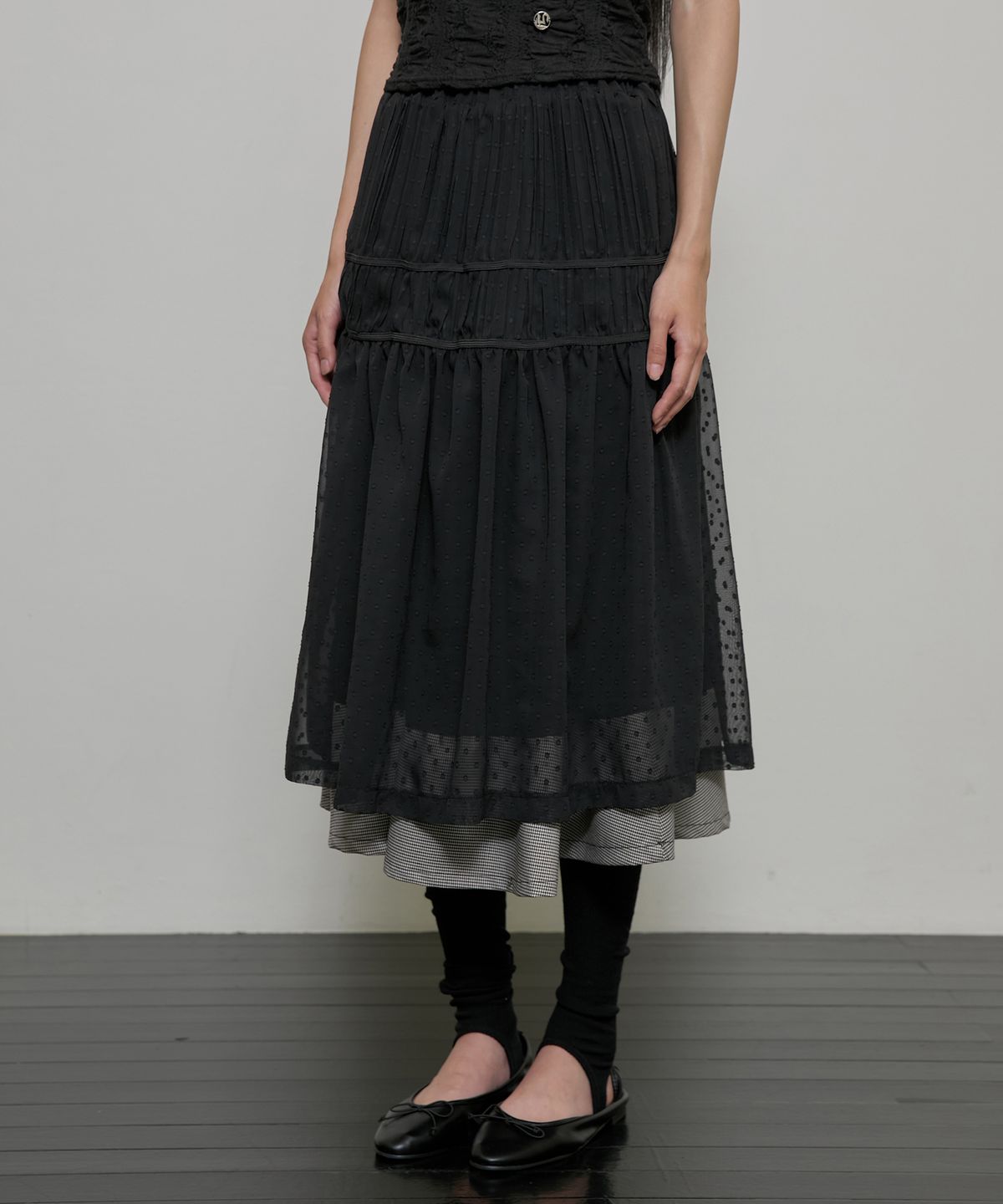 플레어업(FLAREUP) Layered Crinkle Check Skirt (FL-269_Black)