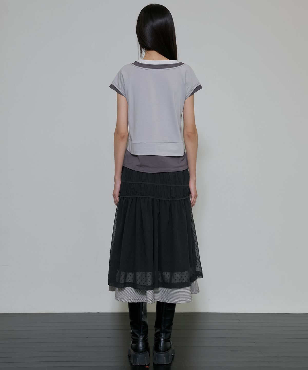 플레어업(FLAREUP) Layered Crinkle Check Skirt (FL-269_Black)