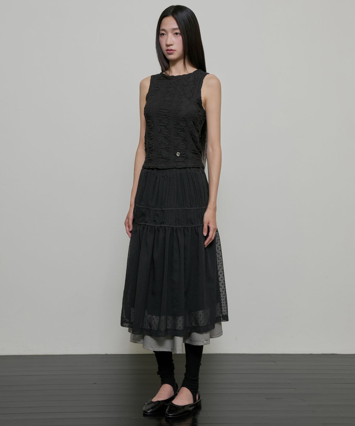 플레어업(FLAREUP) Layered Crinkle Check Skirt (FL-269_Black)