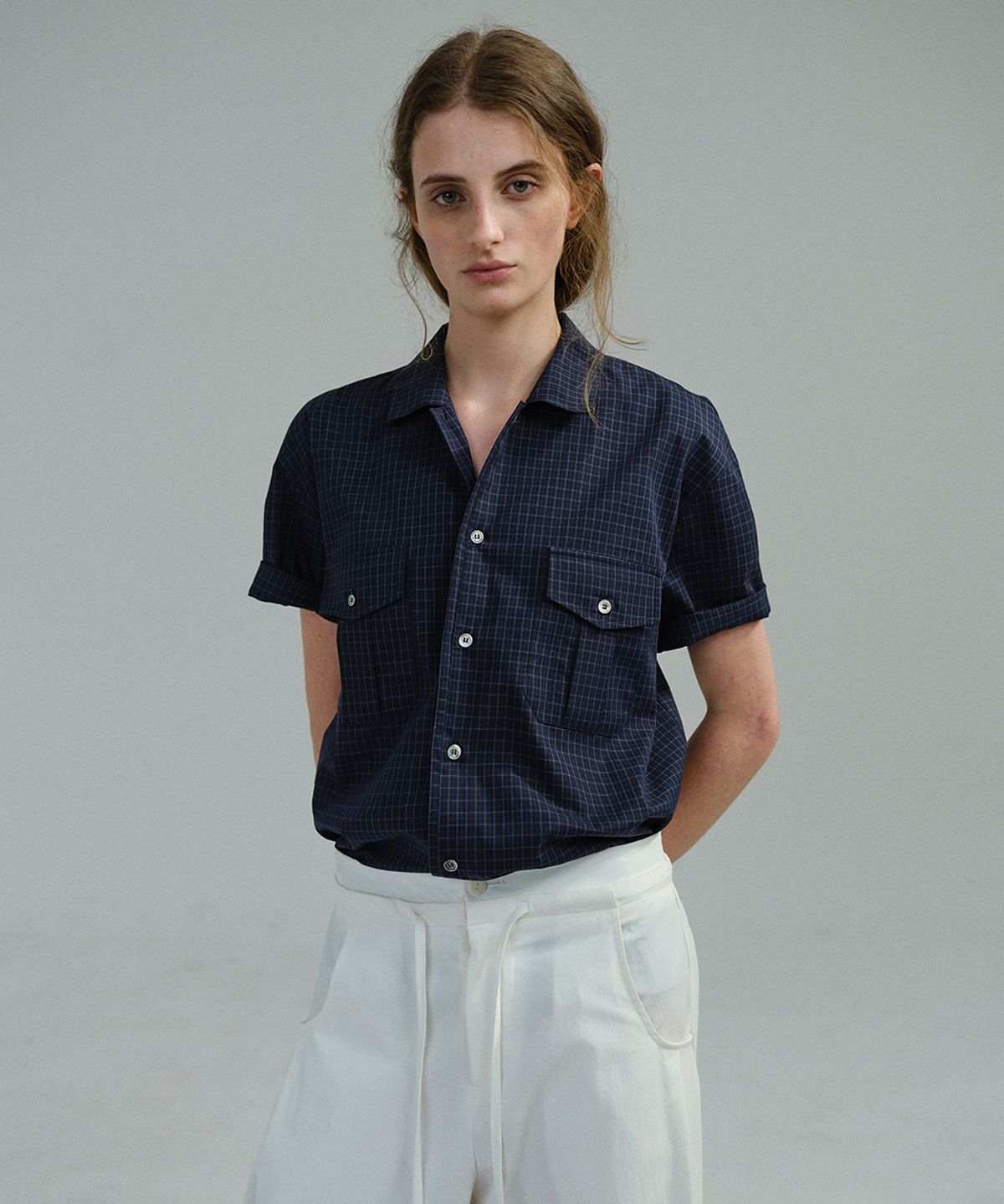 아우브아워(AUBOUR) wrinkled lapel shirts (navy check)