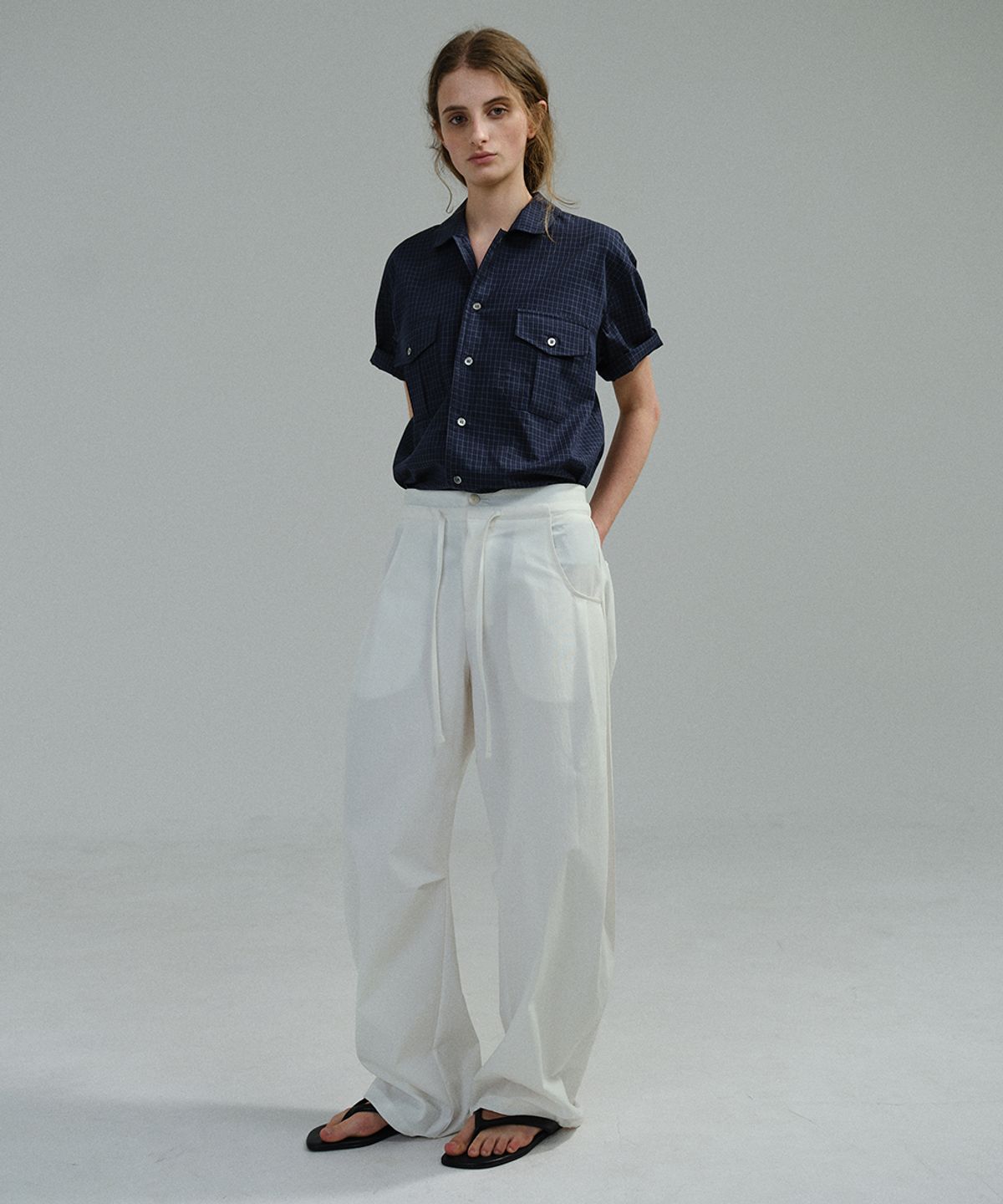 아우브아워(AUBOUR) wrinkled lapel shirts (navy check)