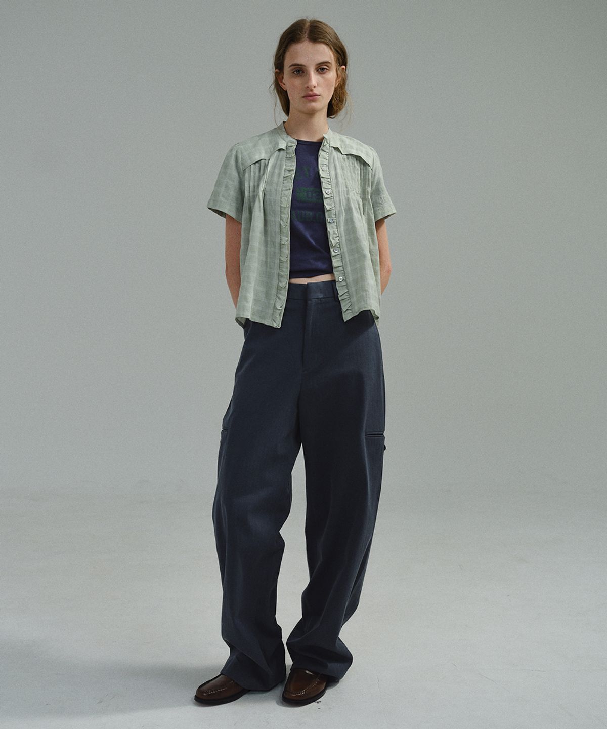 아우브아워(AUBOUR) lace cap blouse (mint check)