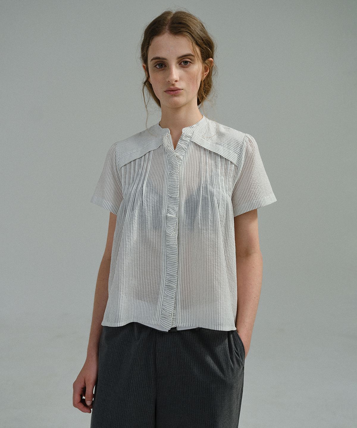 아우브아워(AUBOUR) lace cap blouse (stripe)