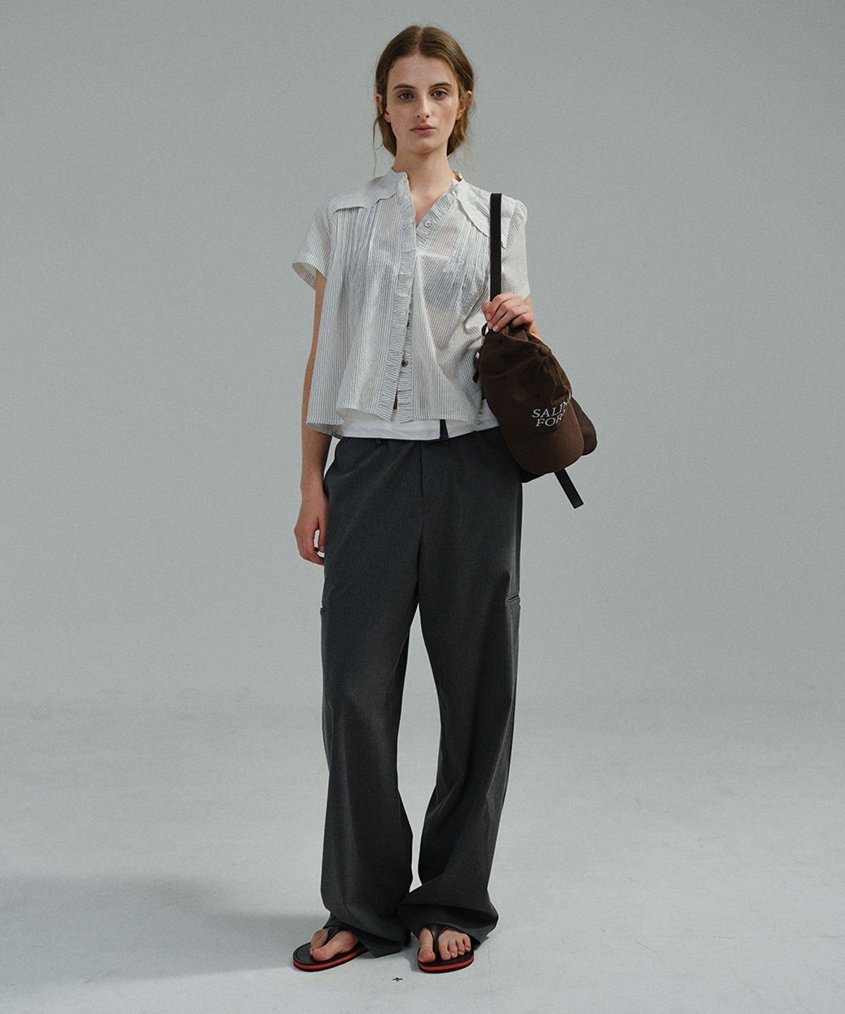 아우브아워(AUBOUR) lace cap blouse (stripe)