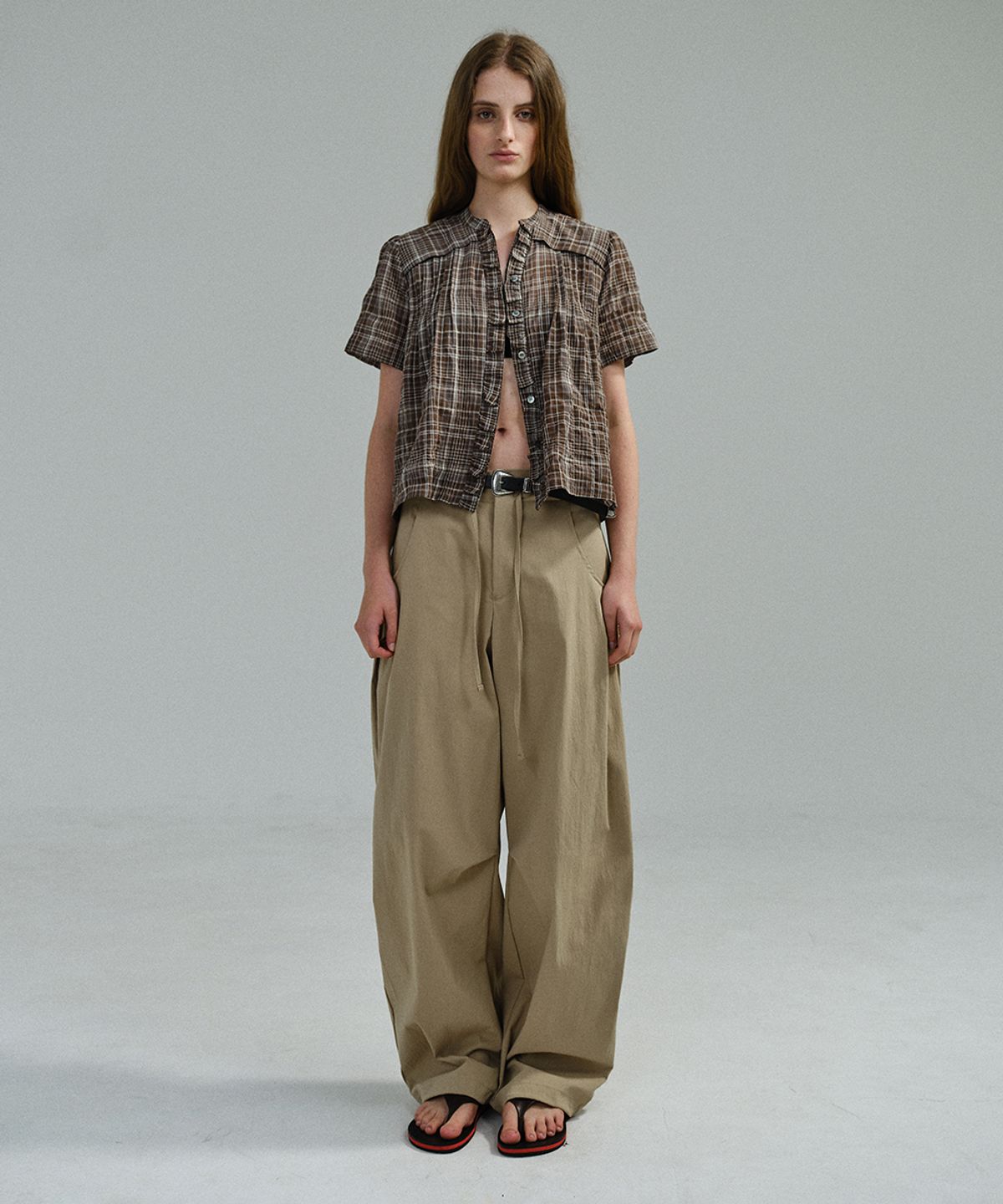 아우브아워(AUBOUR) lace cap blouse (brown check)