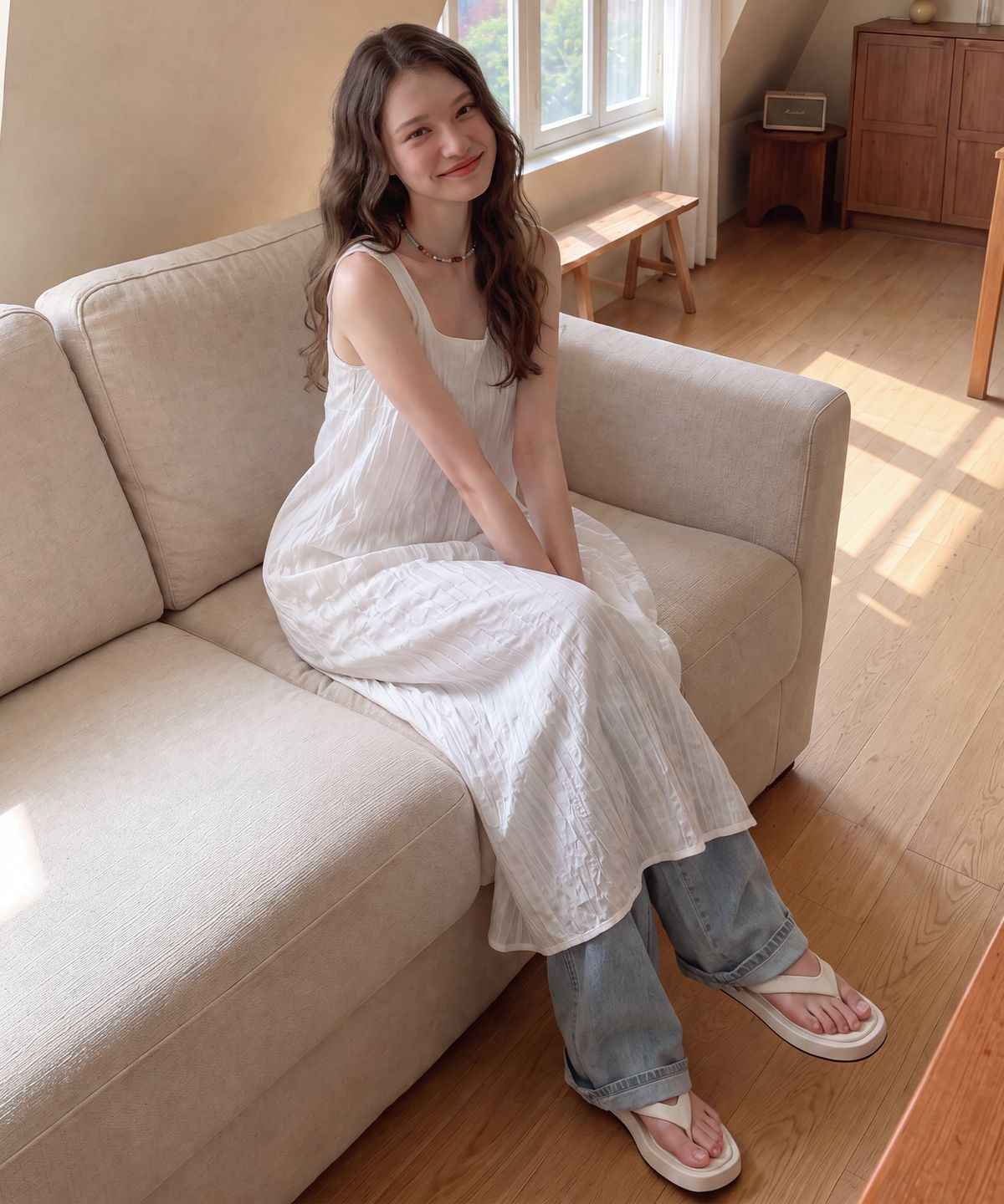 런던다다(LONDONDADA) Crinkle Sleeveless Dress, WHITE