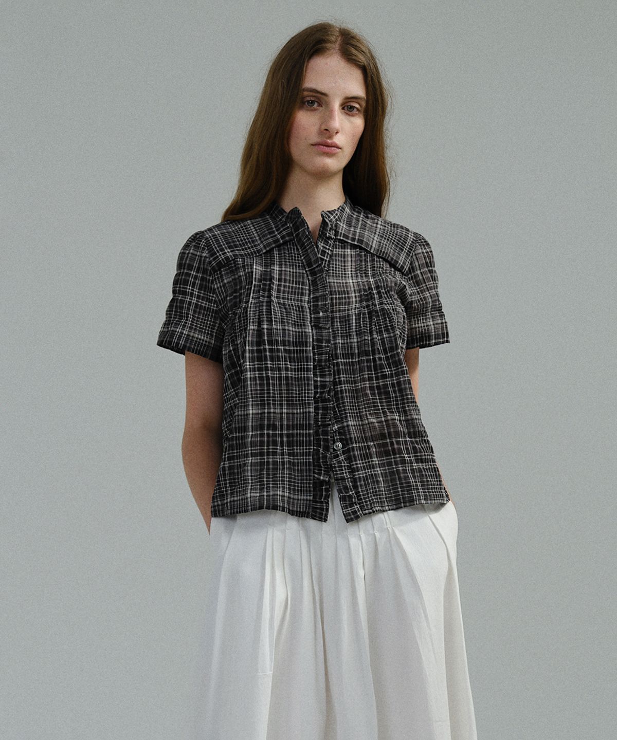 아우브아워(AUBOUR) lace cap blouse (black check)