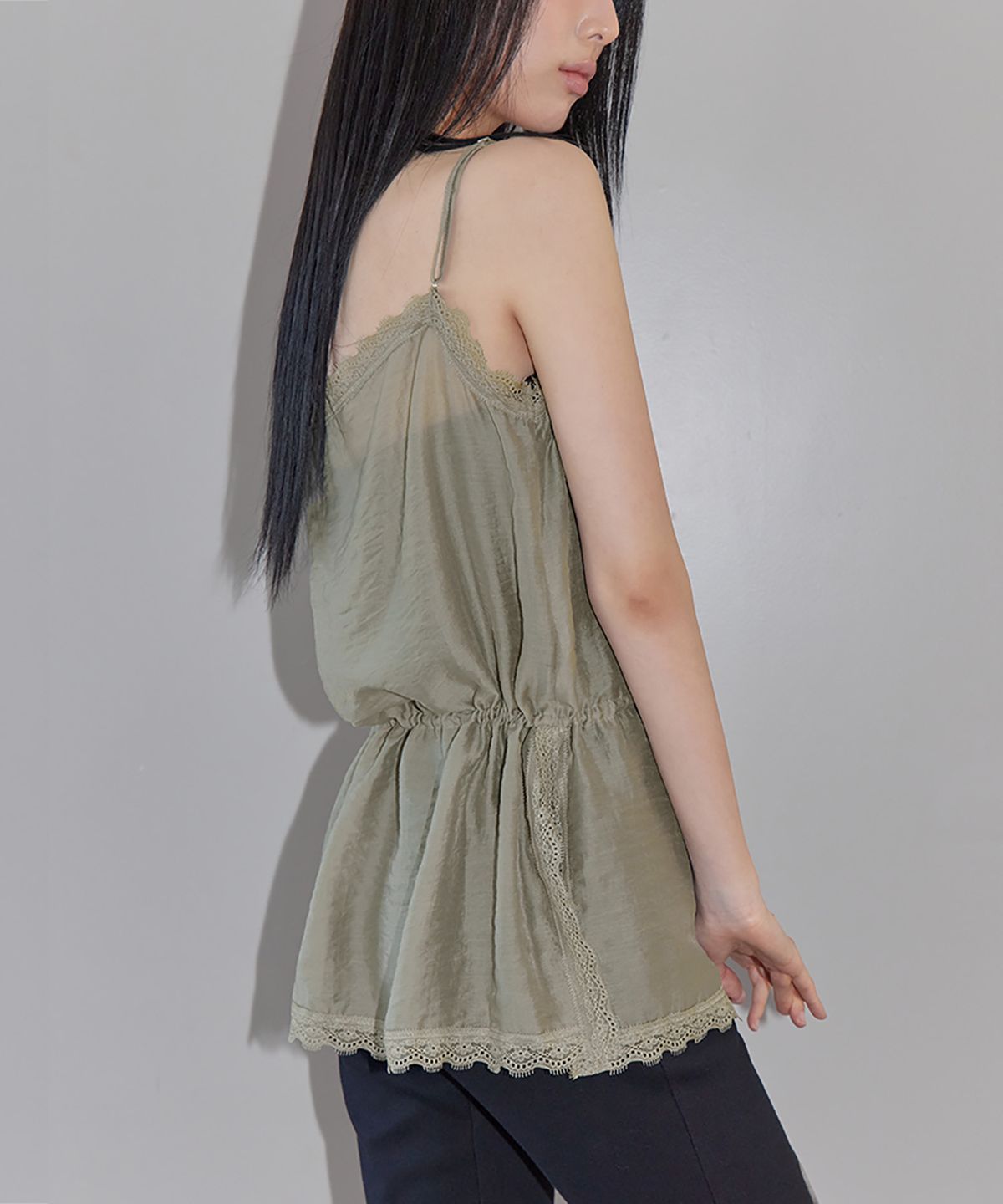 런던다다(LONDONDADA) Airy Sheer Lace Sleeveless Top, KHAKI