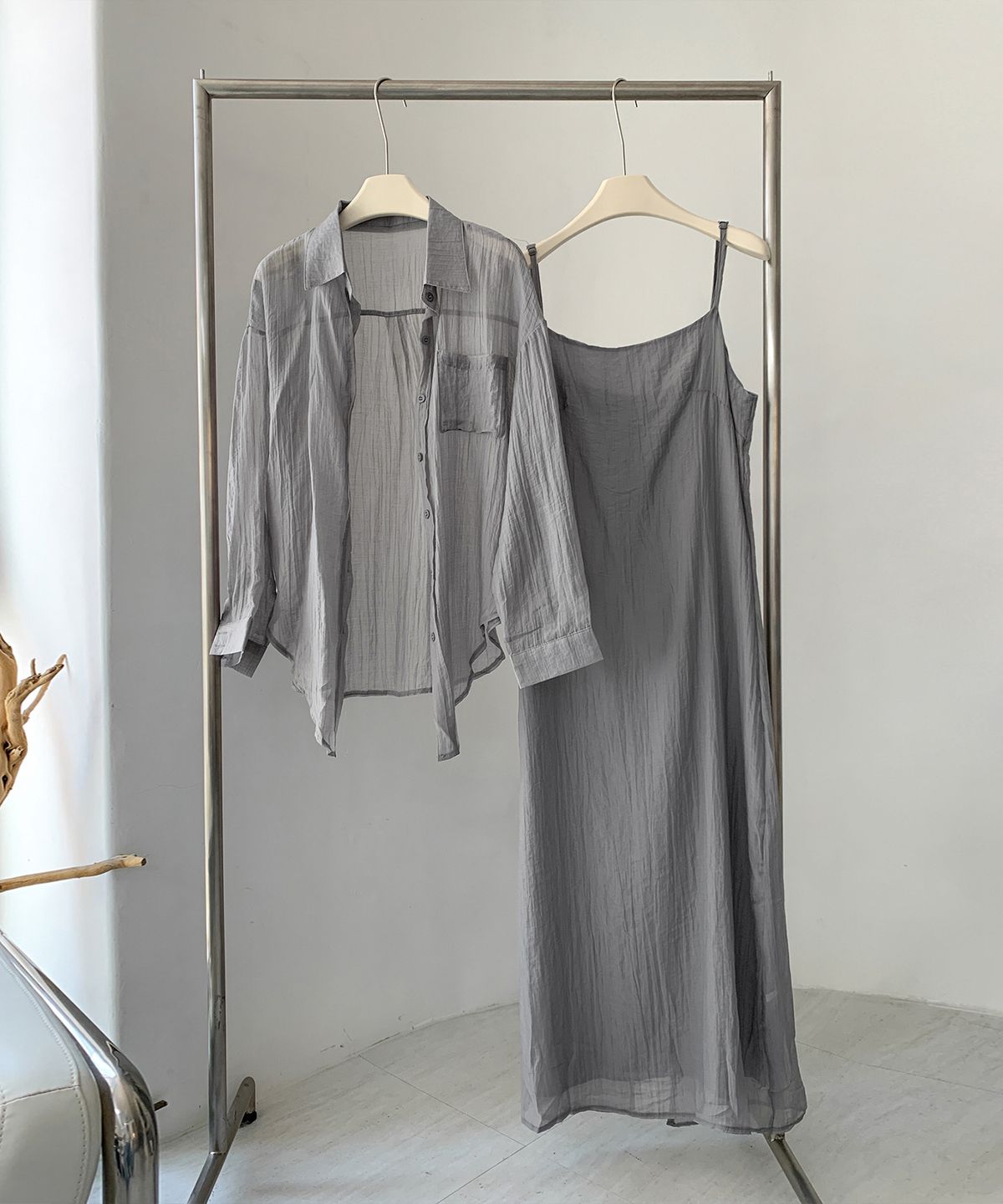 바스카라(VASCARA) [SET] Semi Sheer Shirt+Sleeveless Long Dress Set-up (3colors)