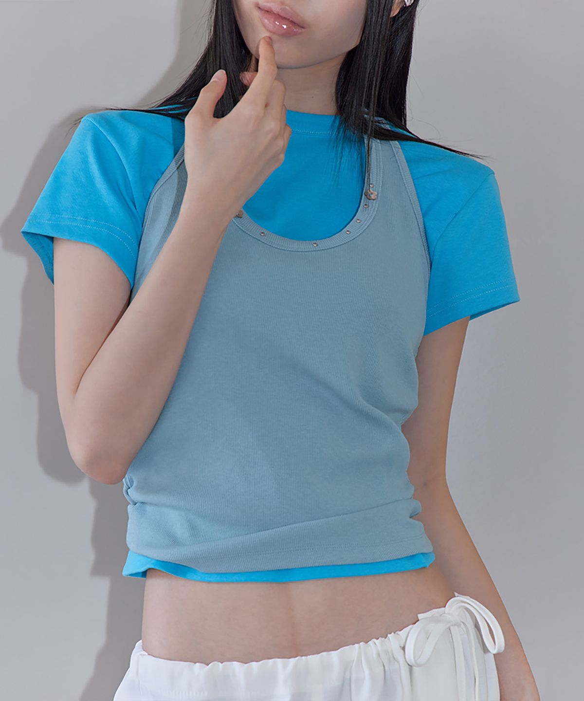 런던다다(LONDONDADA) Stud Shirring Halter Neck Top, BLUE