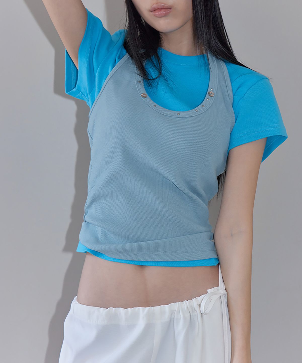런던다다(LONDONDADA) Stud Shirring Halter Neck Top, BLUE
