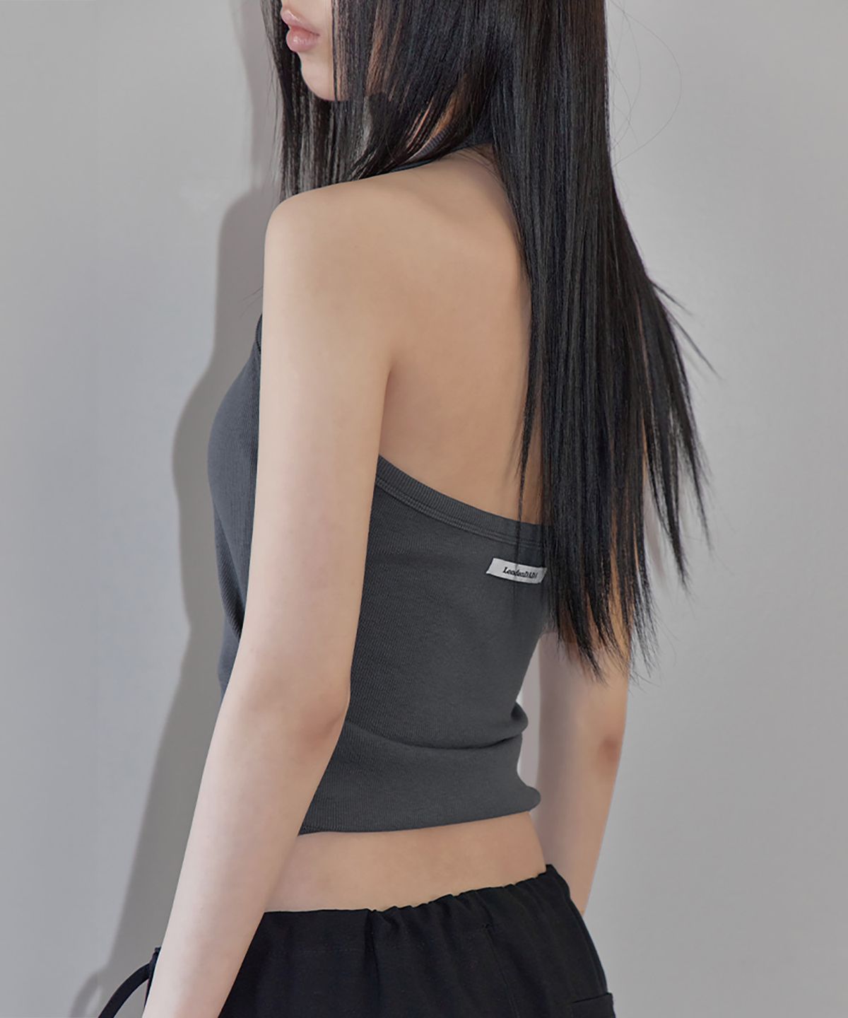 런던다다(LONDONDADA) Stud Shirring Halter Neck Top, CHARCOAL