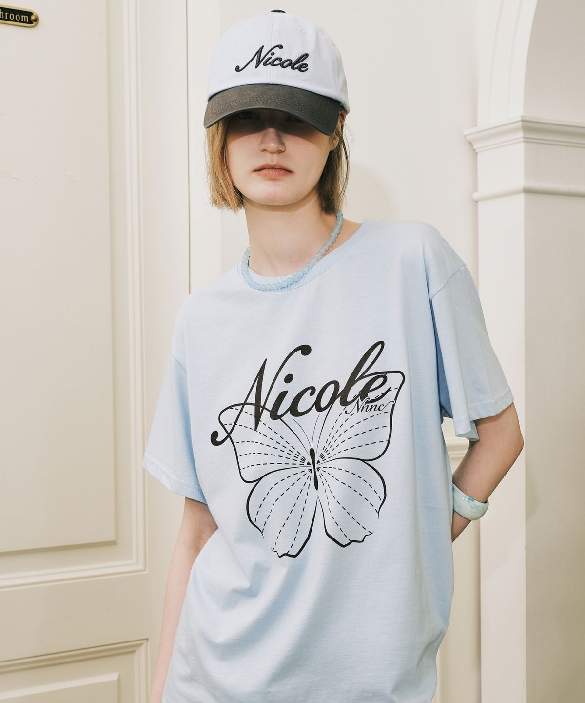 닉앤니콜(NICK&NICOLE) NICOLE LETTERING BALL CAP_SKY BLUE CHARCOAL