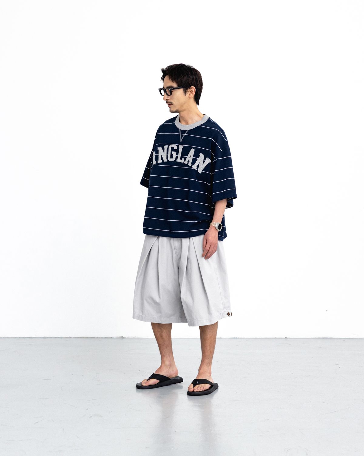 앵글런(ANGLAN) Cross Pleated Chino Half Pants - Light Grey