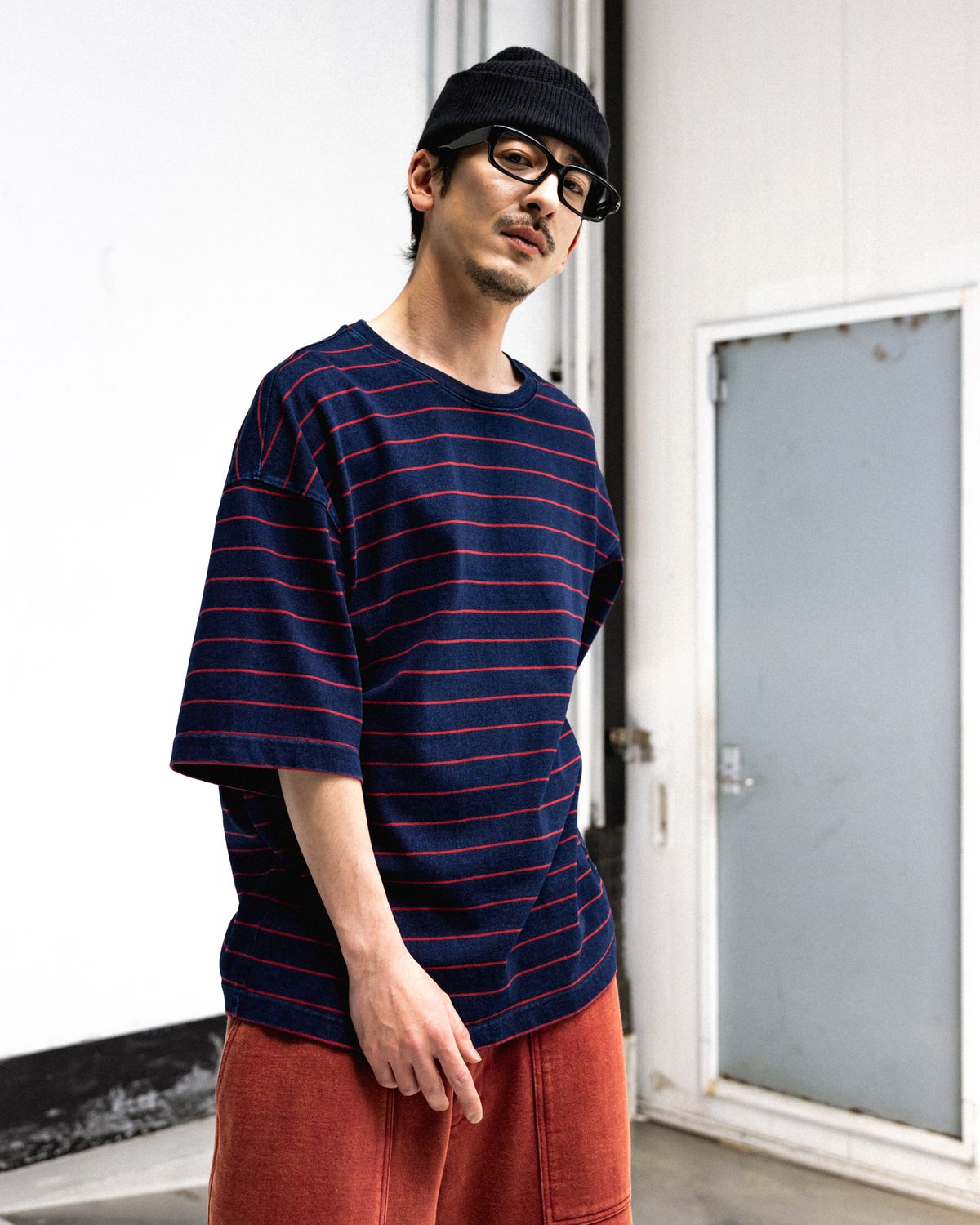 앵글런(ANGLAN) Denim Striped Tee - Red