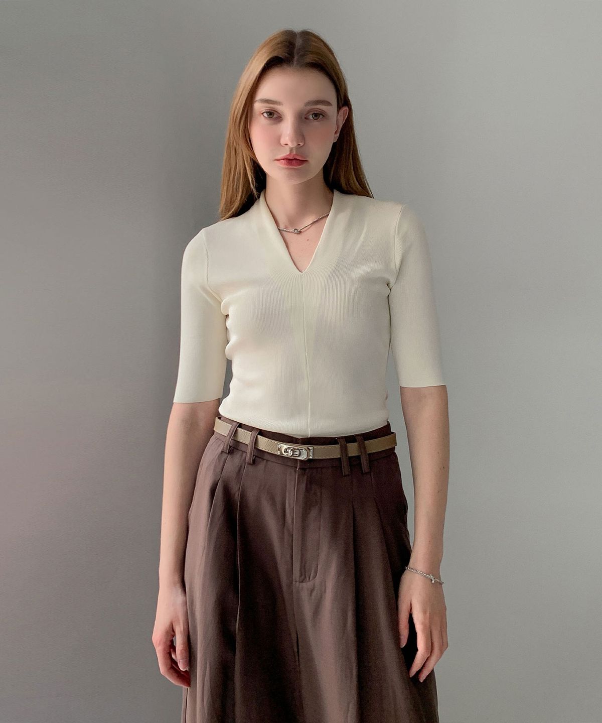 바스카라(VASCARA) Deep V-neck Ribbed Short Sleeve Knit (5colors)