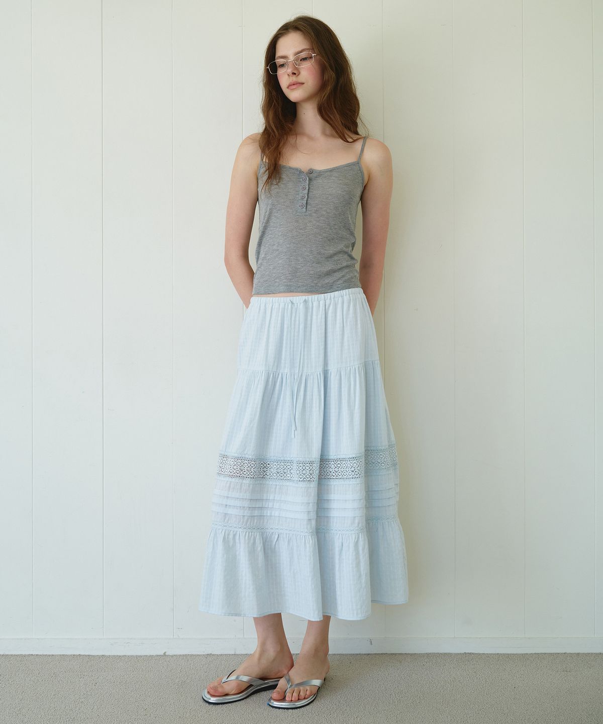 로라로라(ROLAROLA) PINTUCK LACE TIERED LONG SKIRT SKY