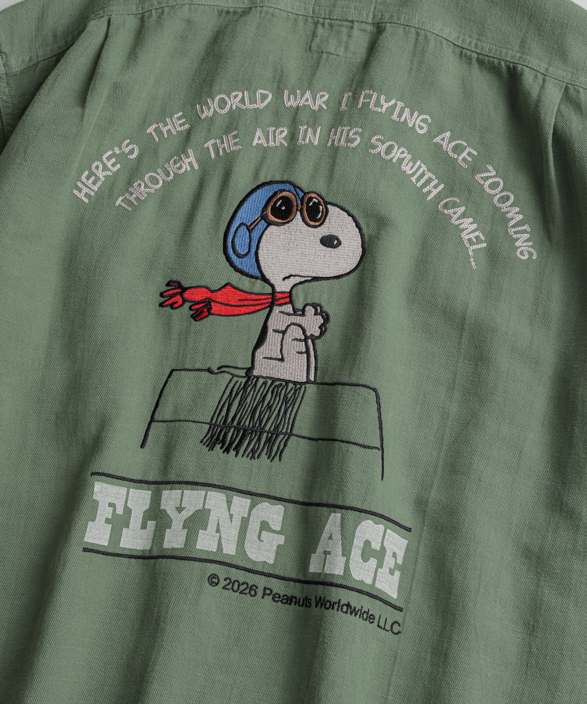비헤비어(BEHEAVYER) [x PEANUTS] SNOOPY DYED FATIGUE 1/2 SHIRTS olive
