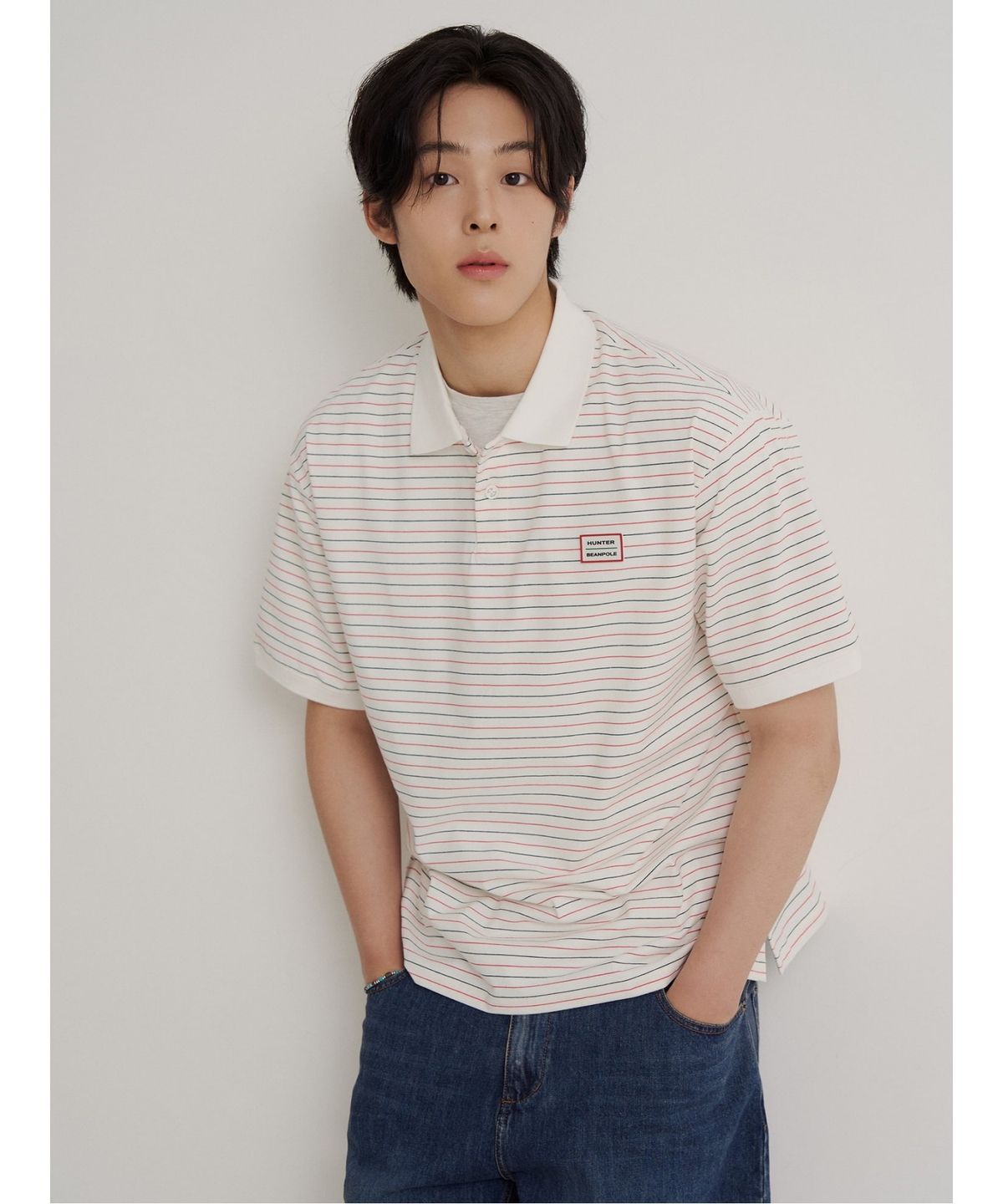 빈폴 멘(BEANPOLE MEN) [HUNTER] 스트라이프 칼라넥 티셔츠  화이트
