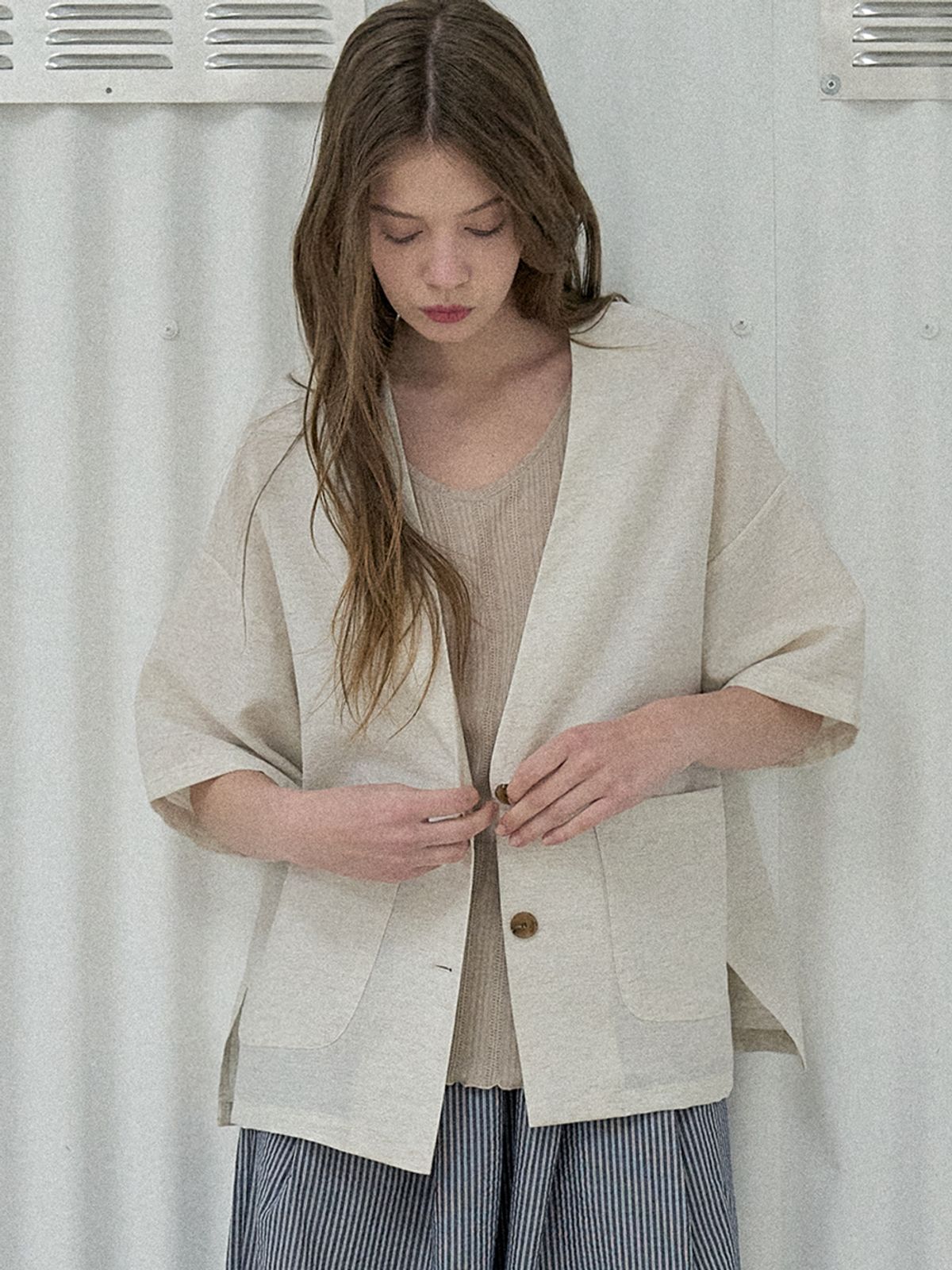 아방(AVANT-G) Linen Short Sleeve Cardigan Jacket - OATMEAL