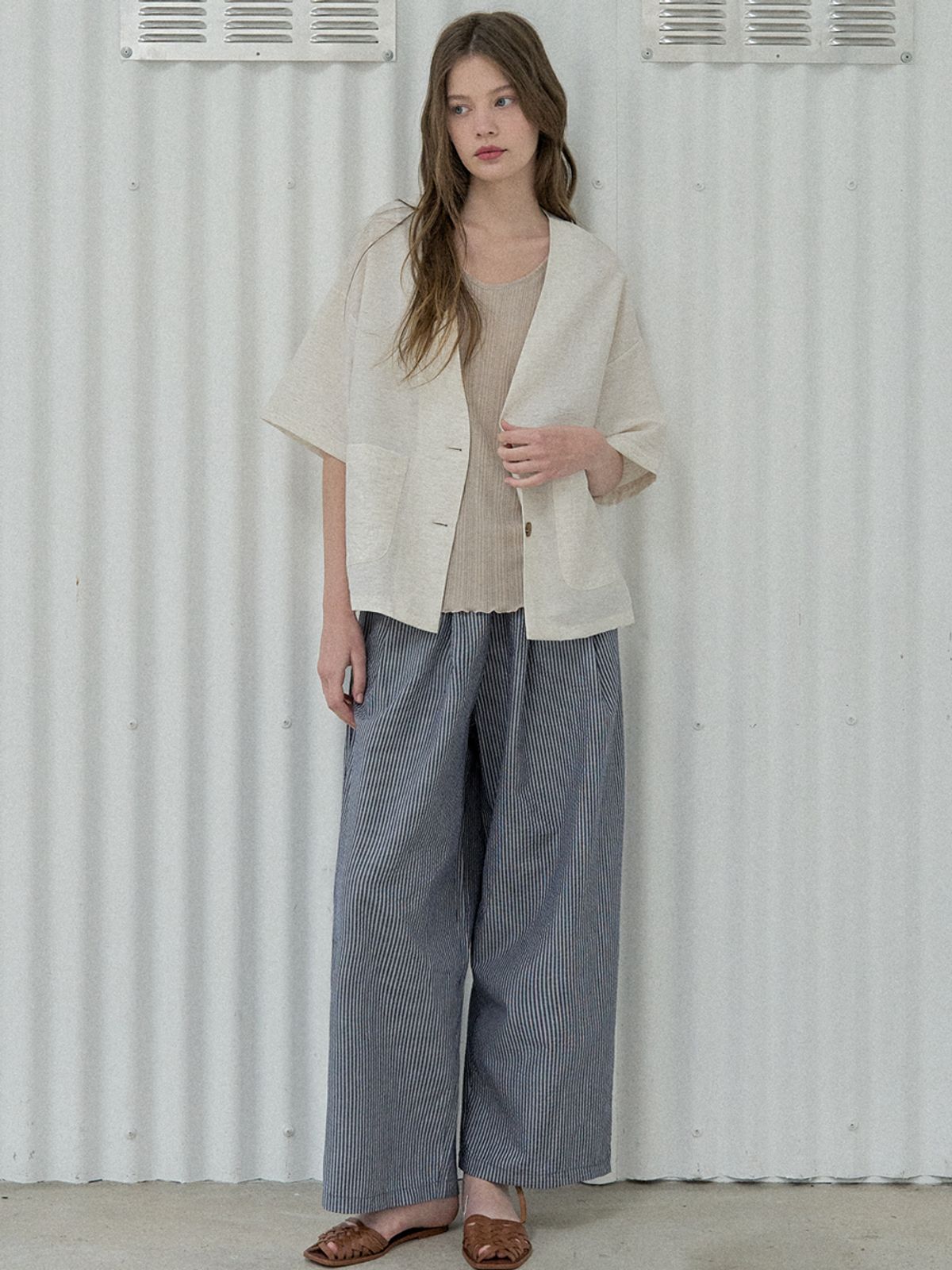 아방(AVANT-G) Linen Short Sleeve Cardigan Jacket - OATMEAL