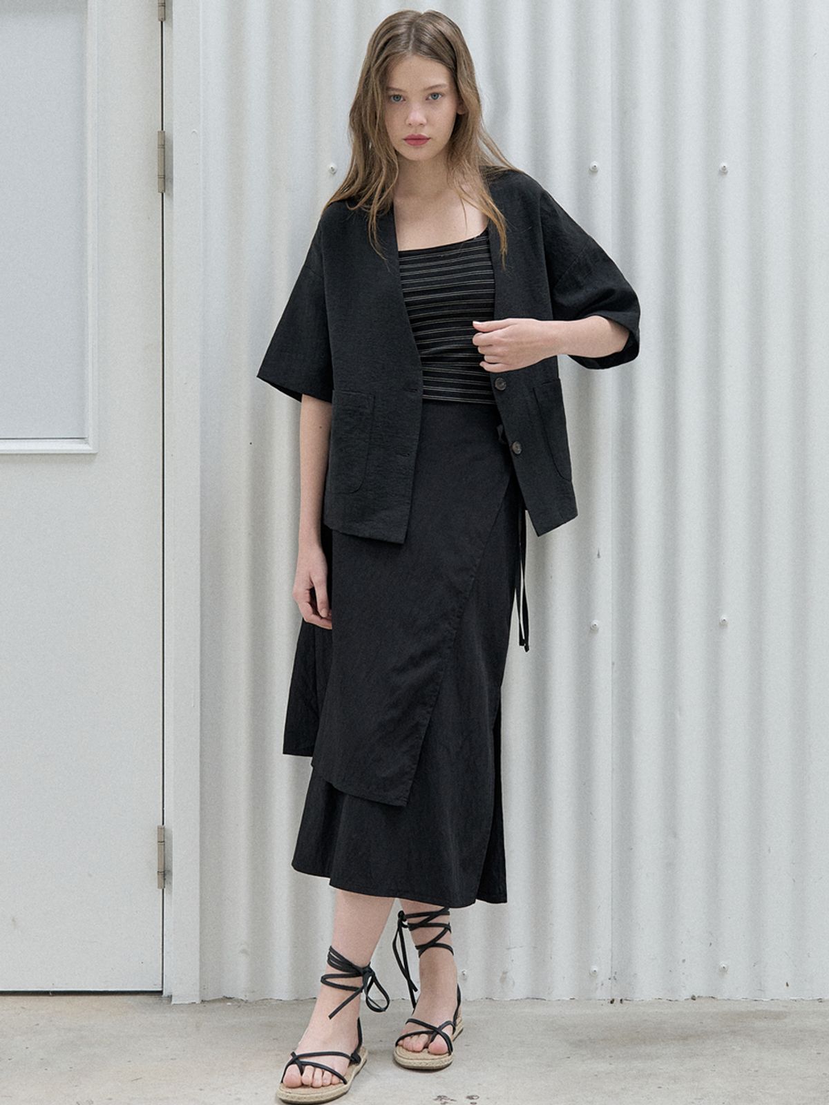 아방(AVANT-G) Linen Short Sleeve Cardigan Jacket - BLACK