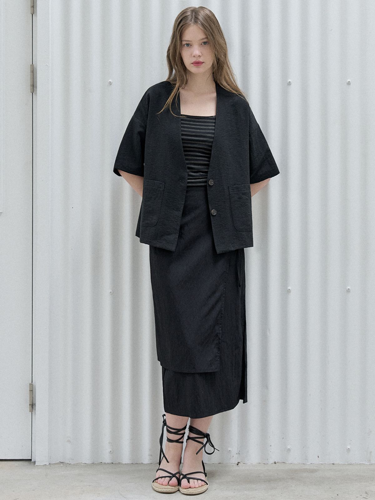 아방(AVANT-G) Linen Short Sleeve Cardigan Jacket - BLACK