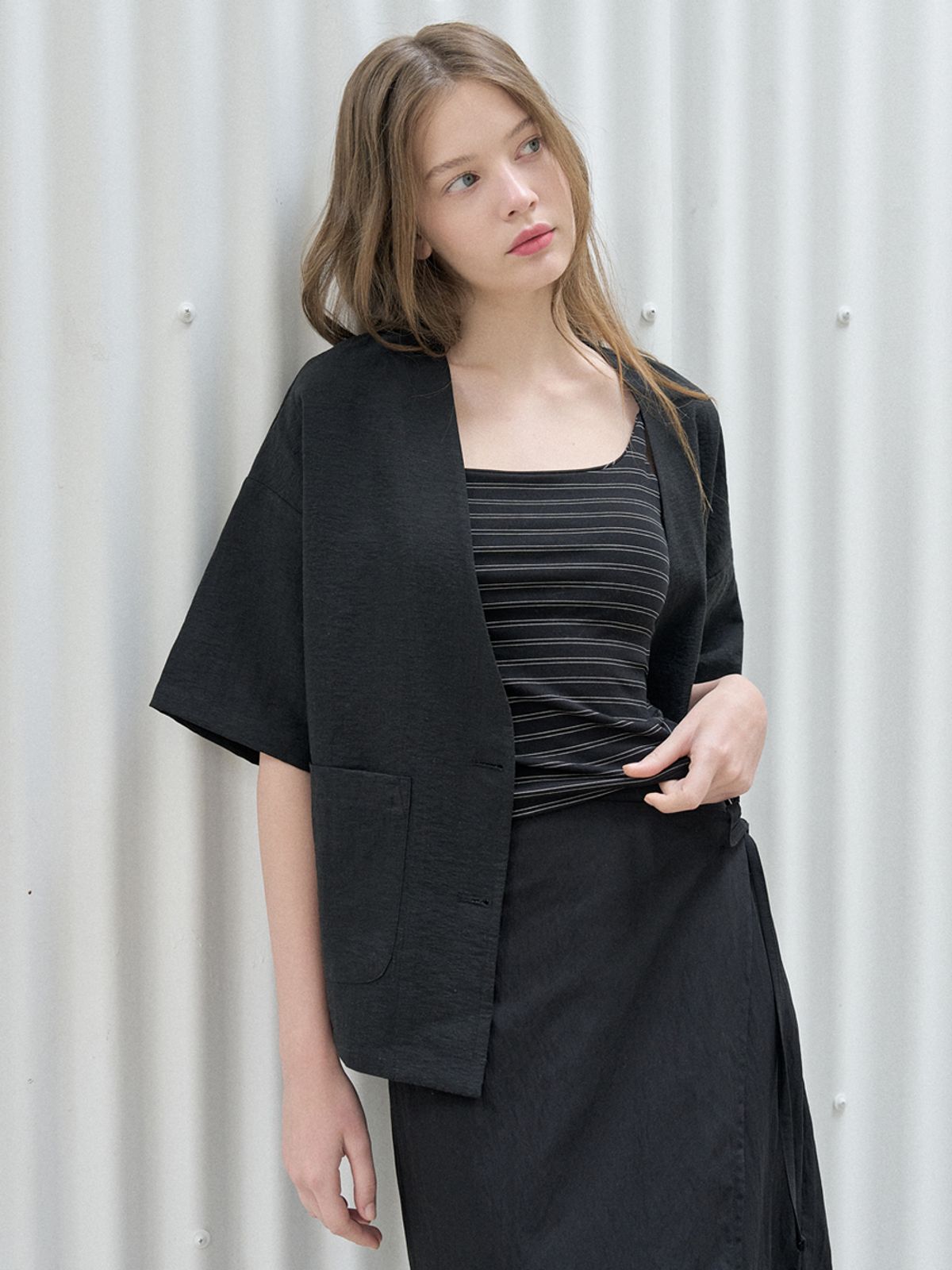 아방(AVANT-G) Linen Short Sleeve Cardigan Jacket - BLACK