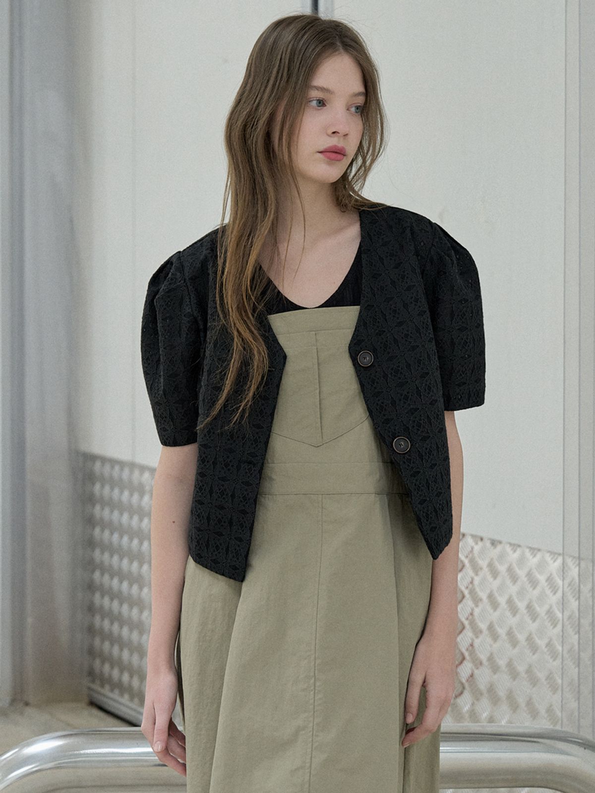 아방(AVANT-G) Lace Puff Blouse Jacket - BLACK