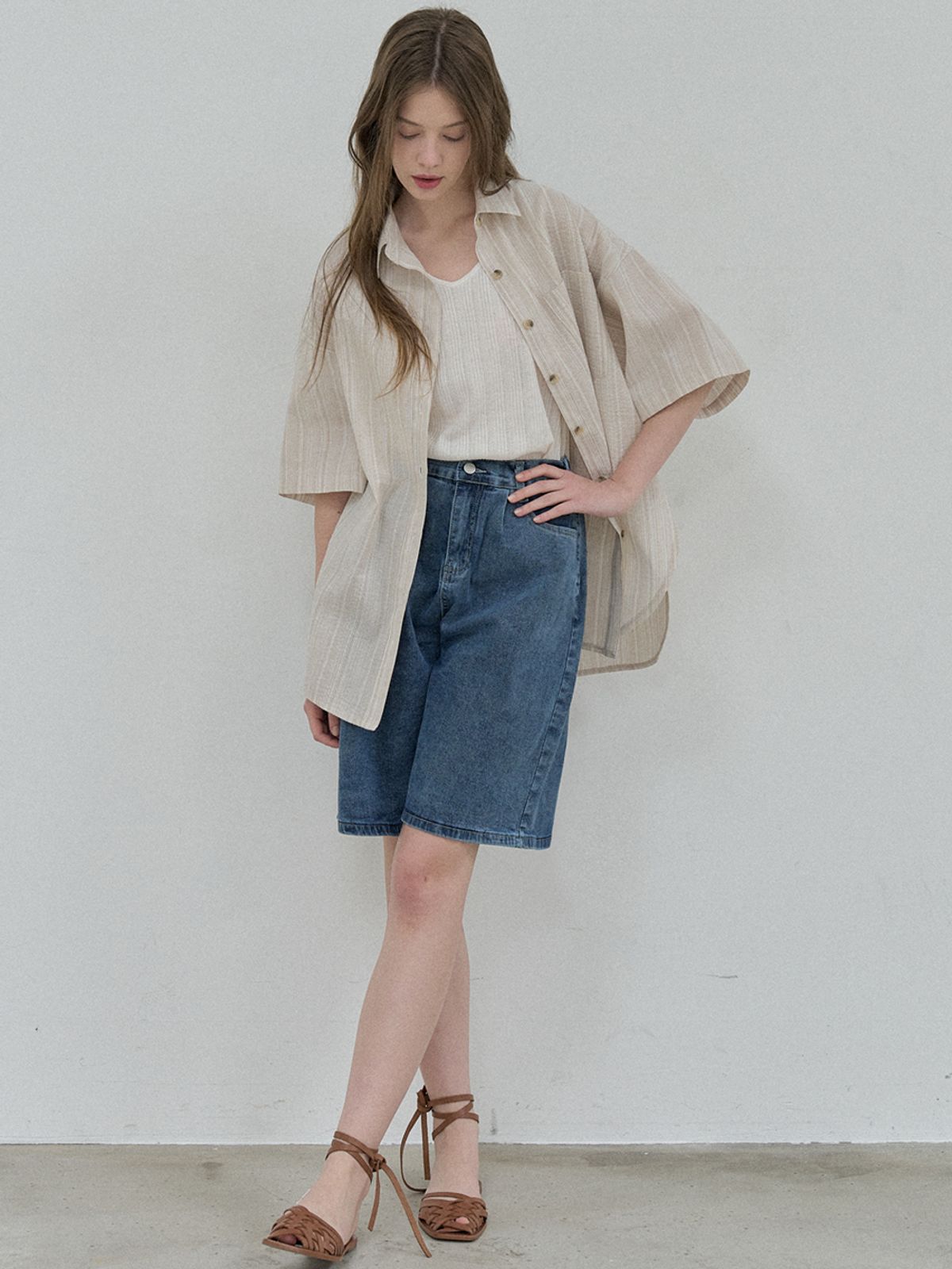 아방(AVANT-G) Cotton Short Sleeve Striped Shirt - BEIGE