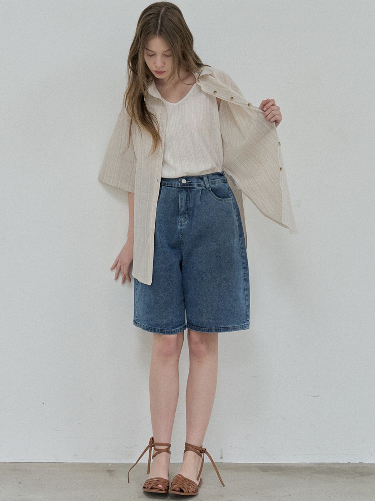 아방(AVANT-G) Cotton Short Sleeve Striped Shirt - BEIGE
