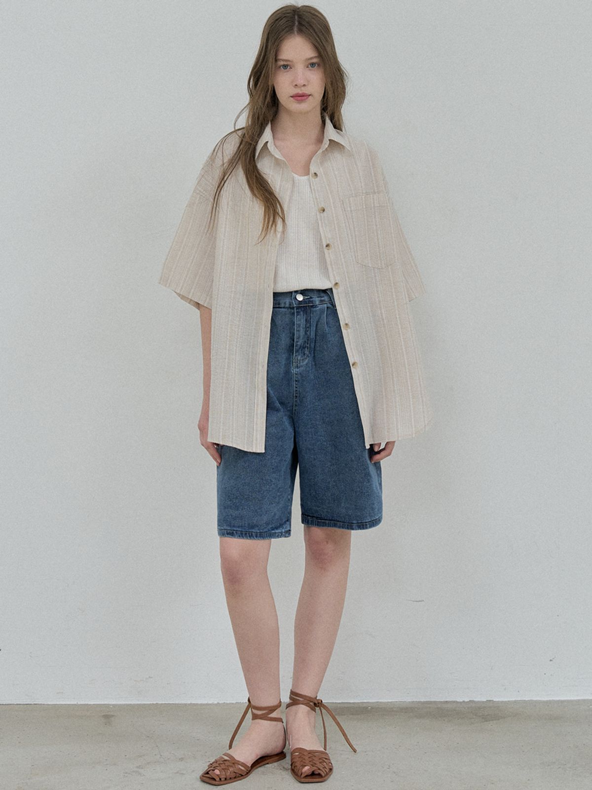 아방(AVANT-G) Cotton Short Sleeve Striped Shirt - BEIGE