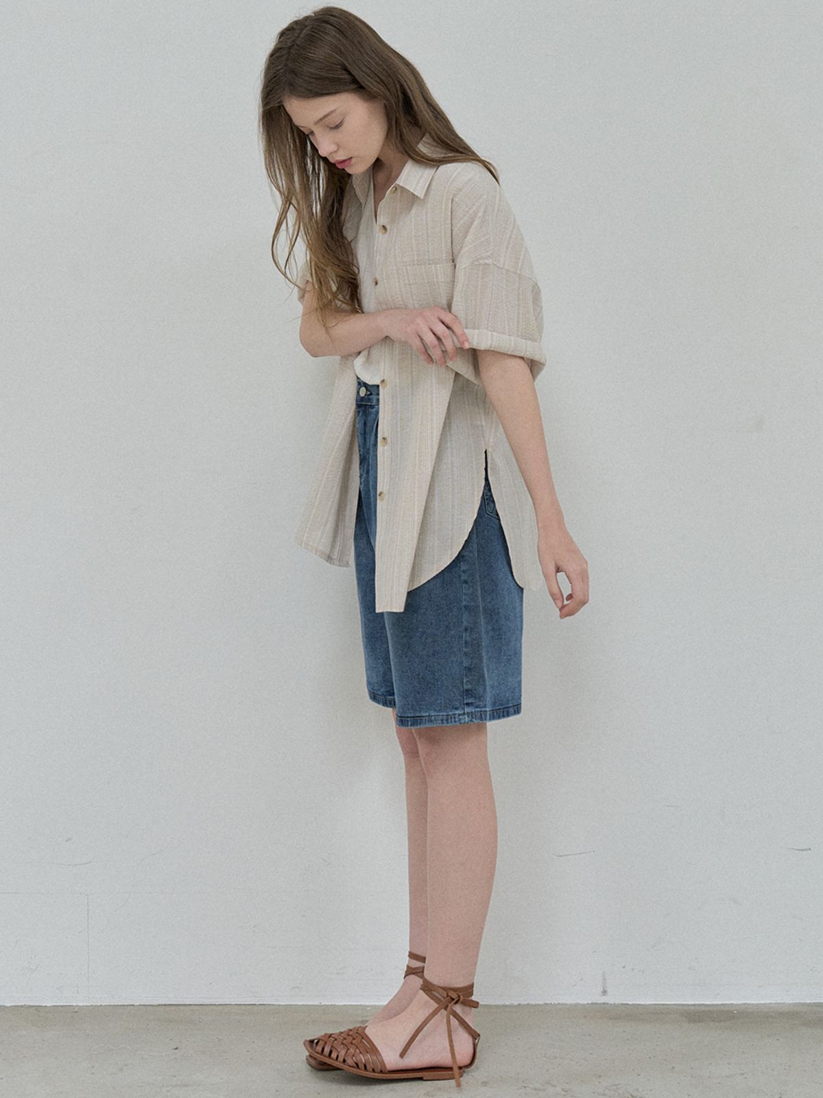 아방(AVANT-G) Cotton Short Sleeve Striped Shirt - BEIGE